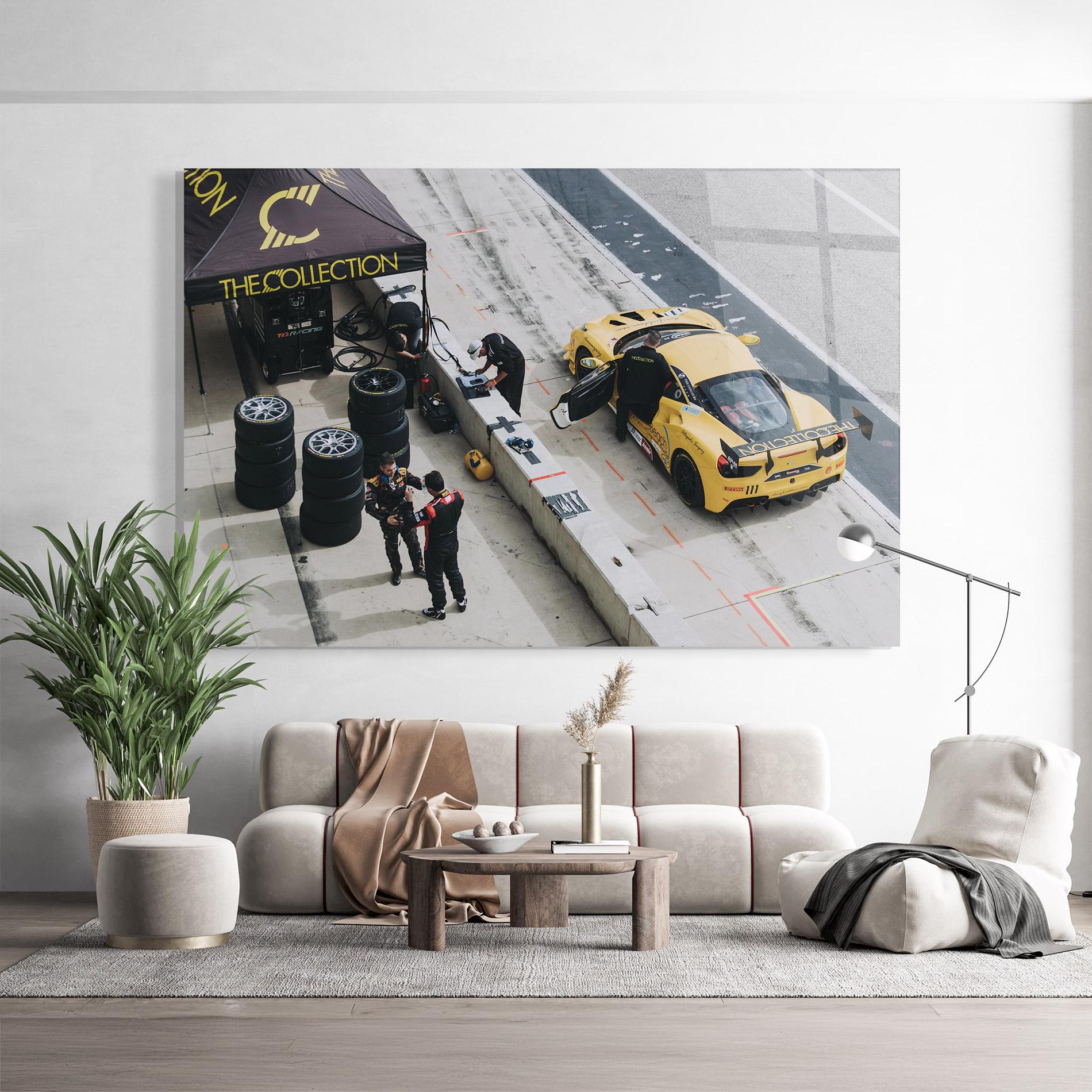 Glasbild Yellow Race Car mockup 9