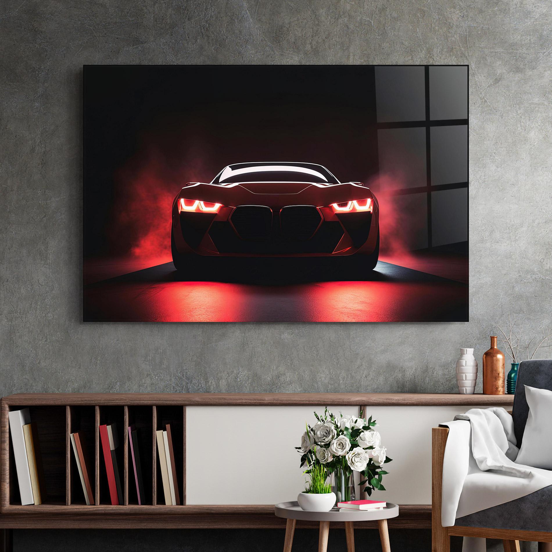 Glasbild Red Bmw In Smoke mockup 2