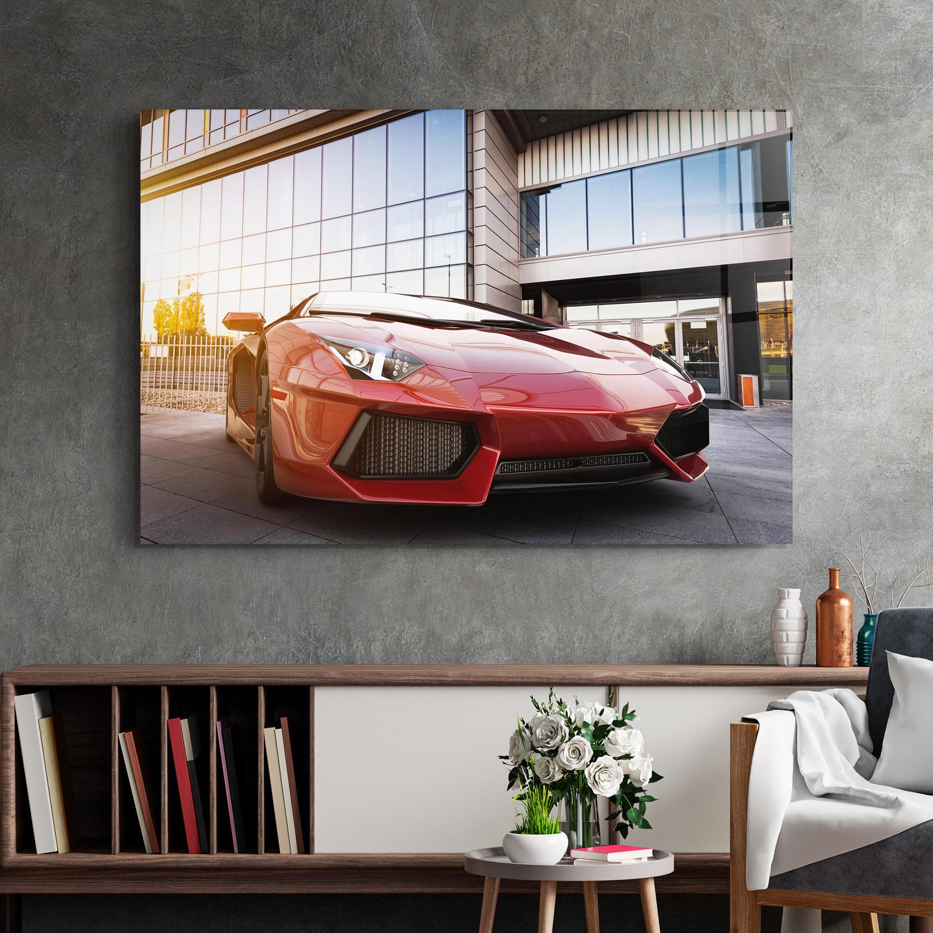 Glasbild Red Lambo Outside mockup 2