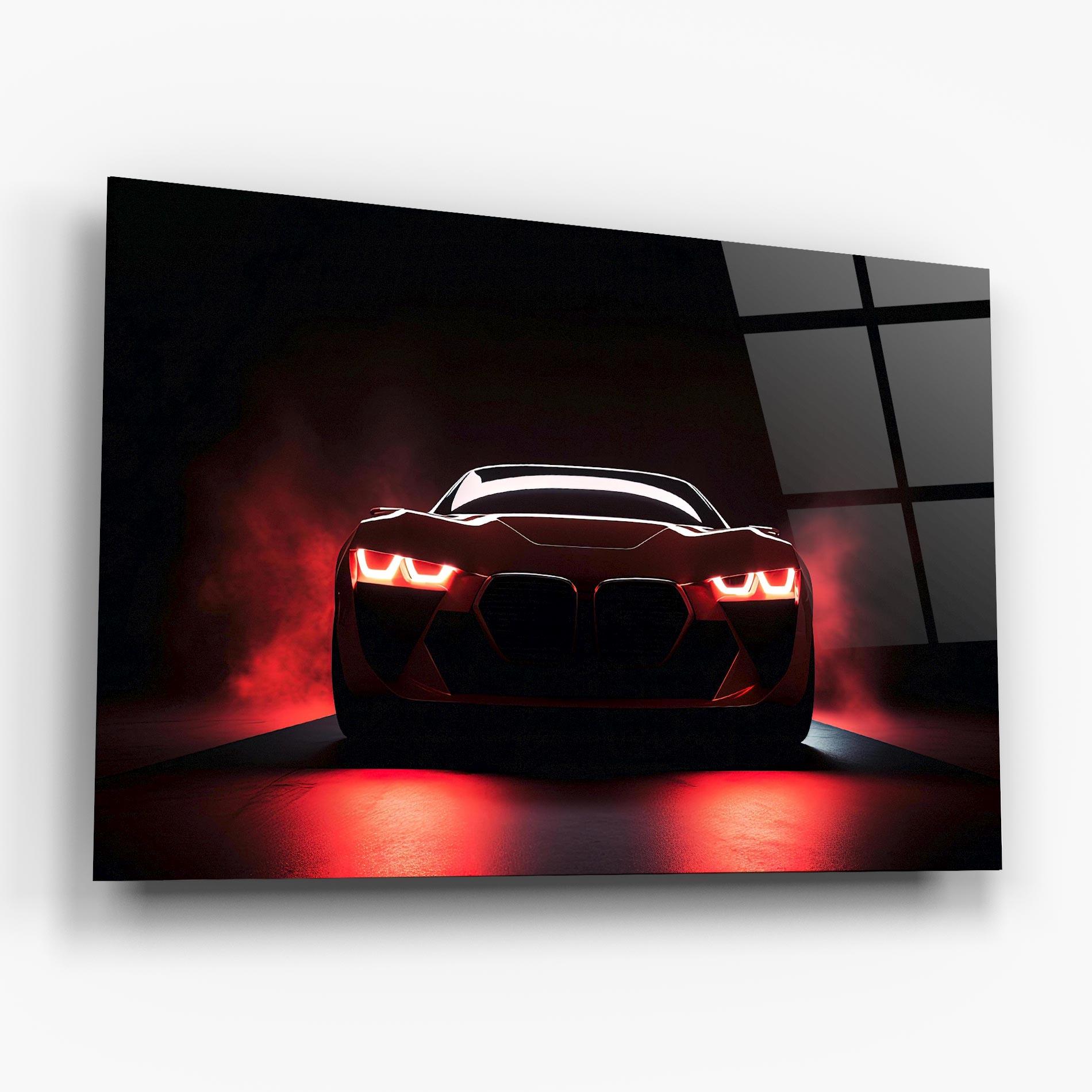Glasbild Red Bmw In Smoke mockup 6