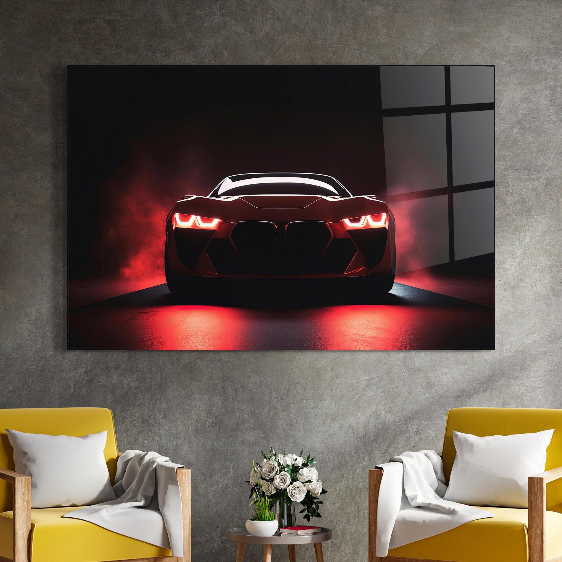Glasbild Red Bmw In Smoke mockup 4