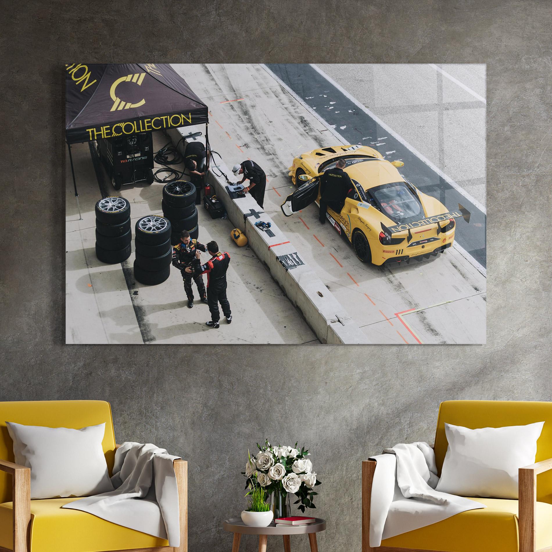 Glasbild Yellow Race Car mockup 4