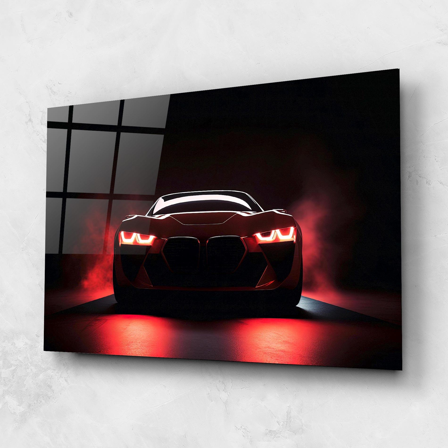 Glasbild Red Bmw In Smoke mockup 1