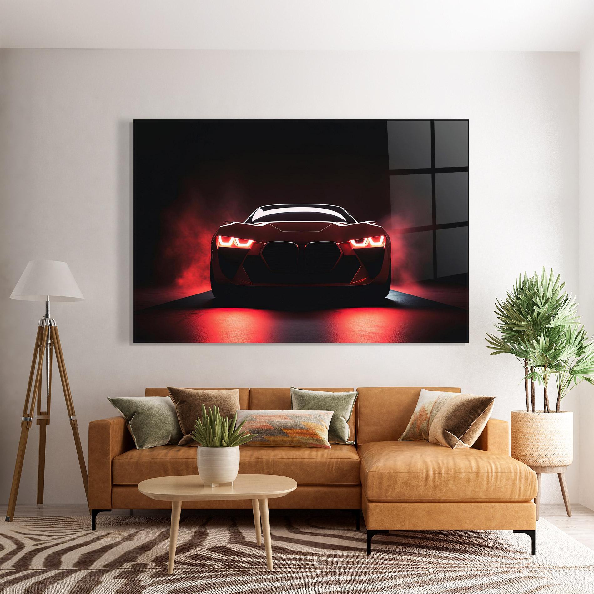Glasbild Red Bmw In Smoke mockup 7