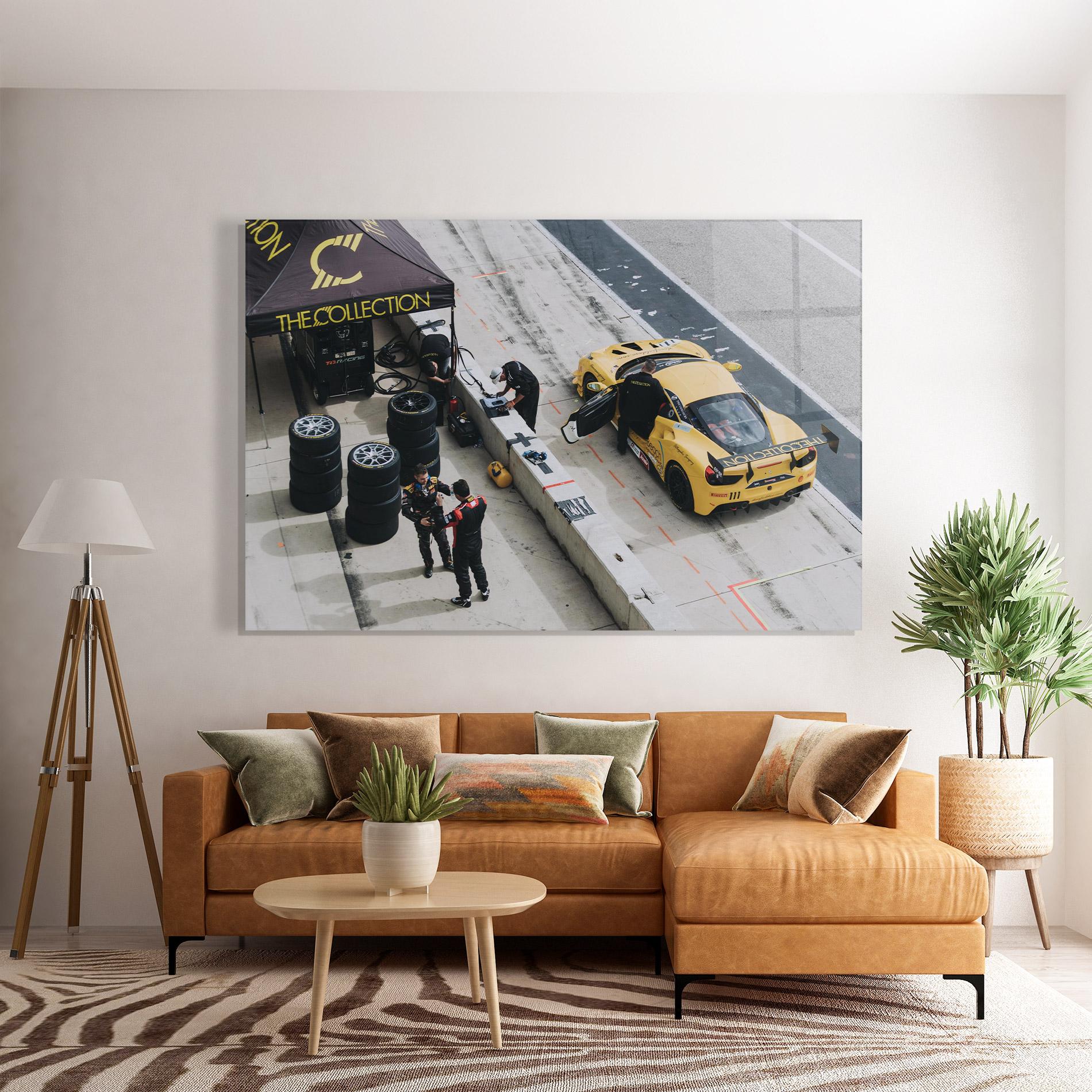 Glasbild Yellow Race Car mockup 7