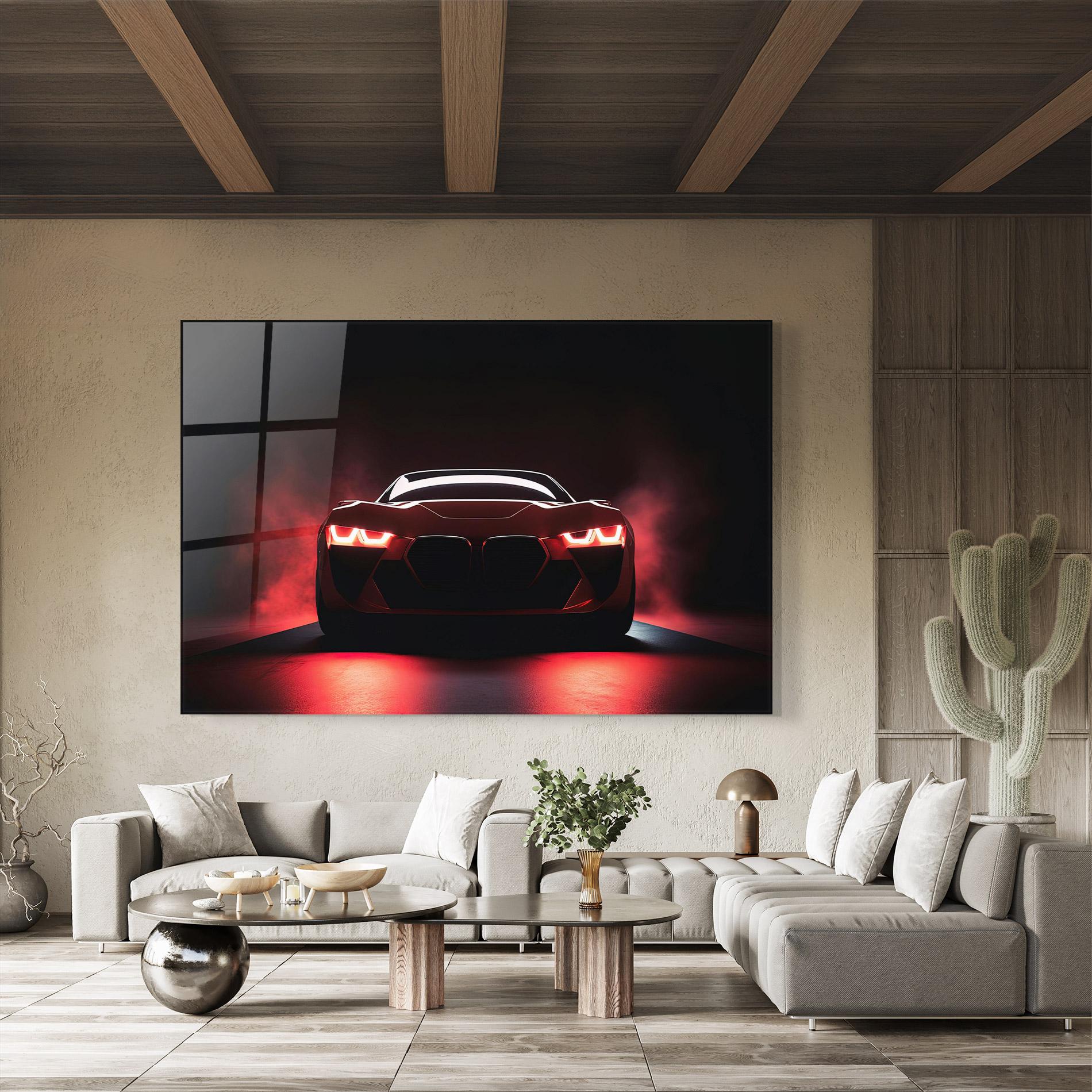 Glasbild Red Bmw In Smoke mockup 8