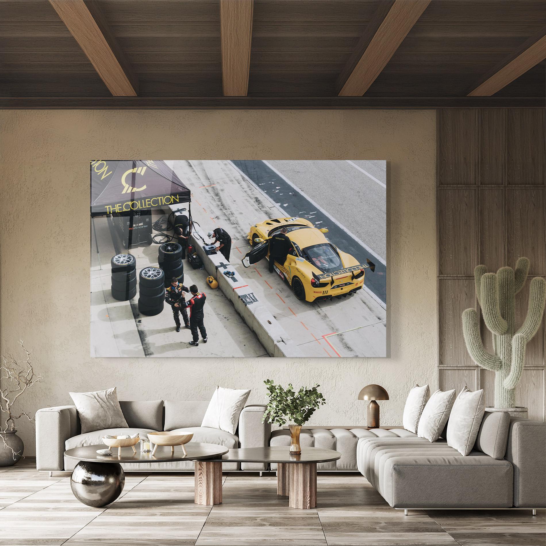 Glasbild Yellow Race Car mockup 8