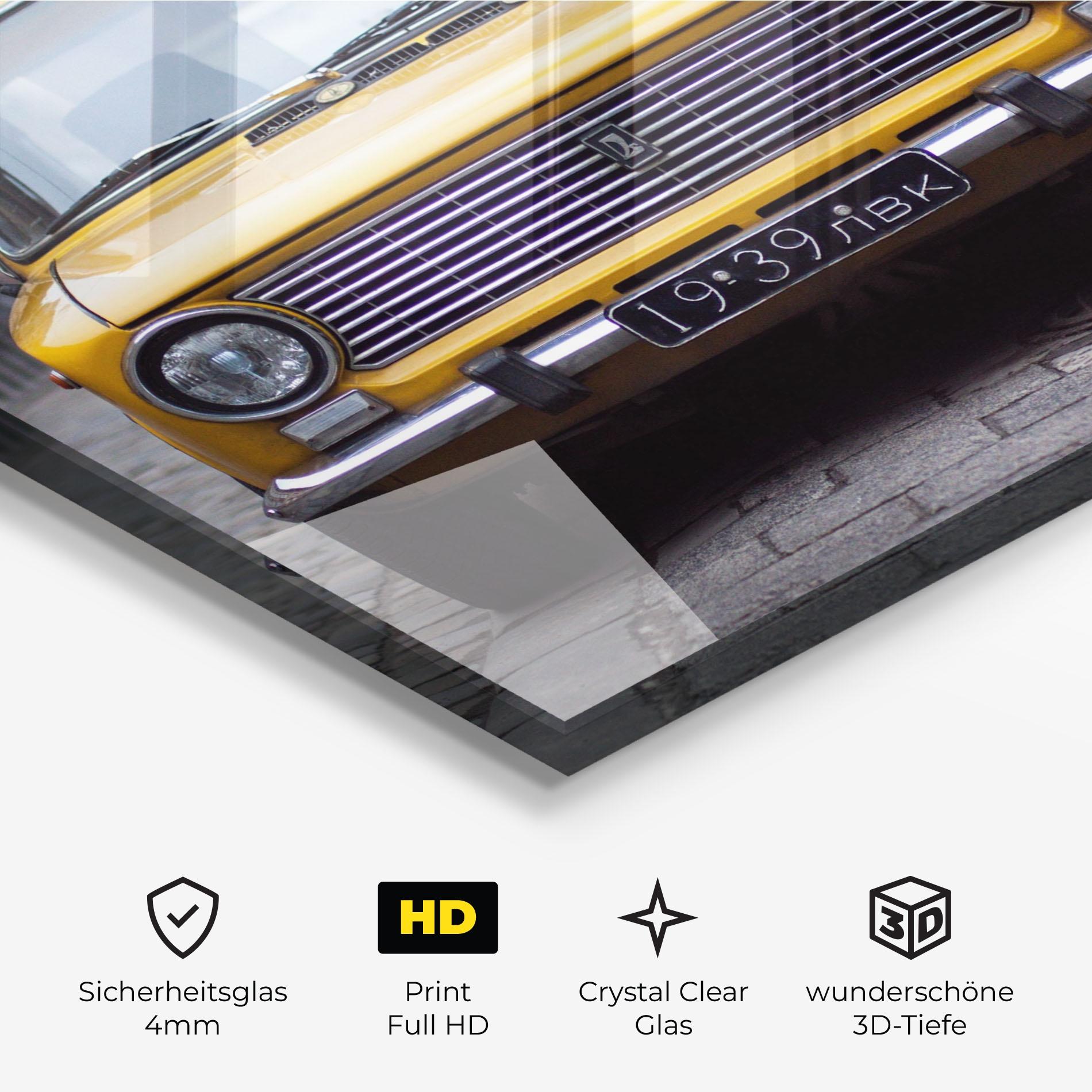 Glasbild Old Yellow Car mockup 3