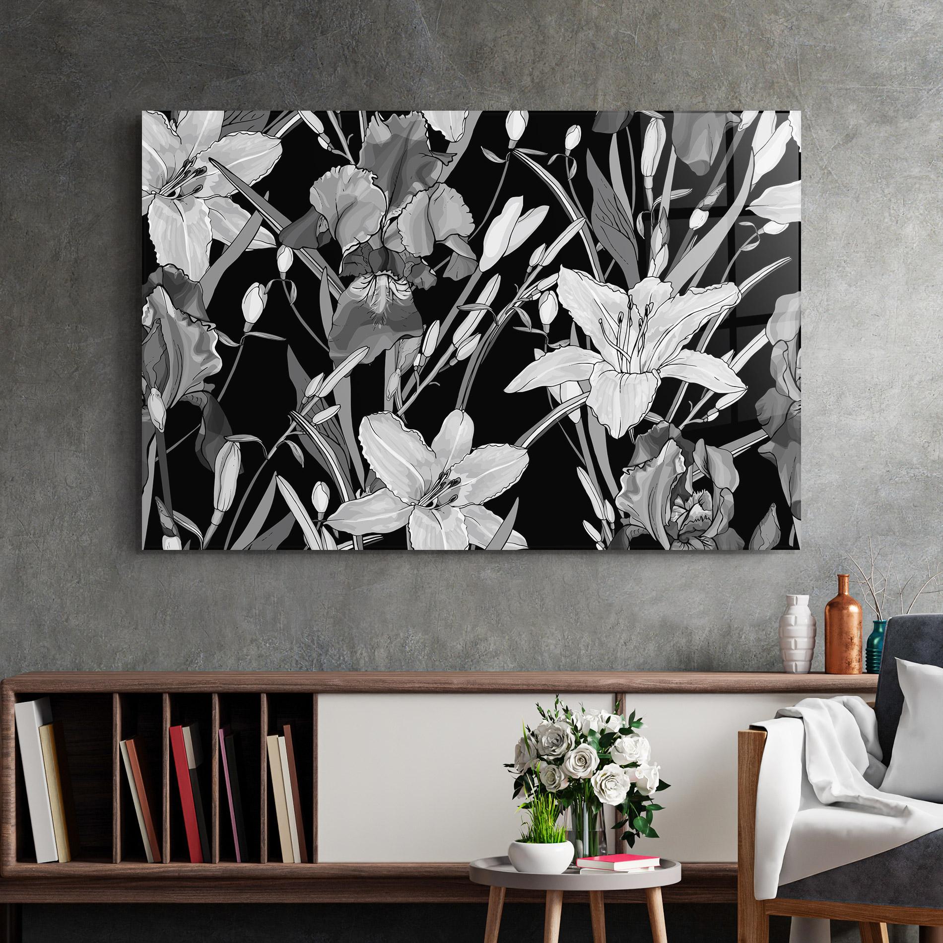 Glasbild Grey Flowers Art mockup 2