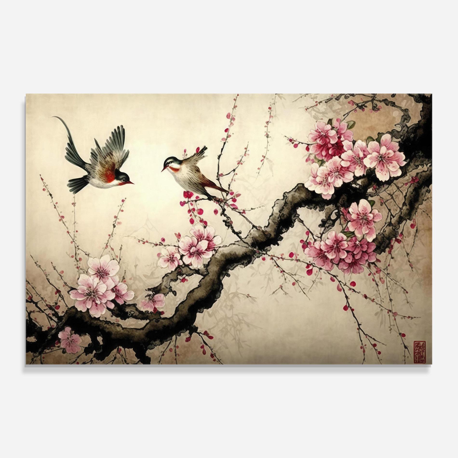 Glasbild Cherry Blossom Birds mockup 0