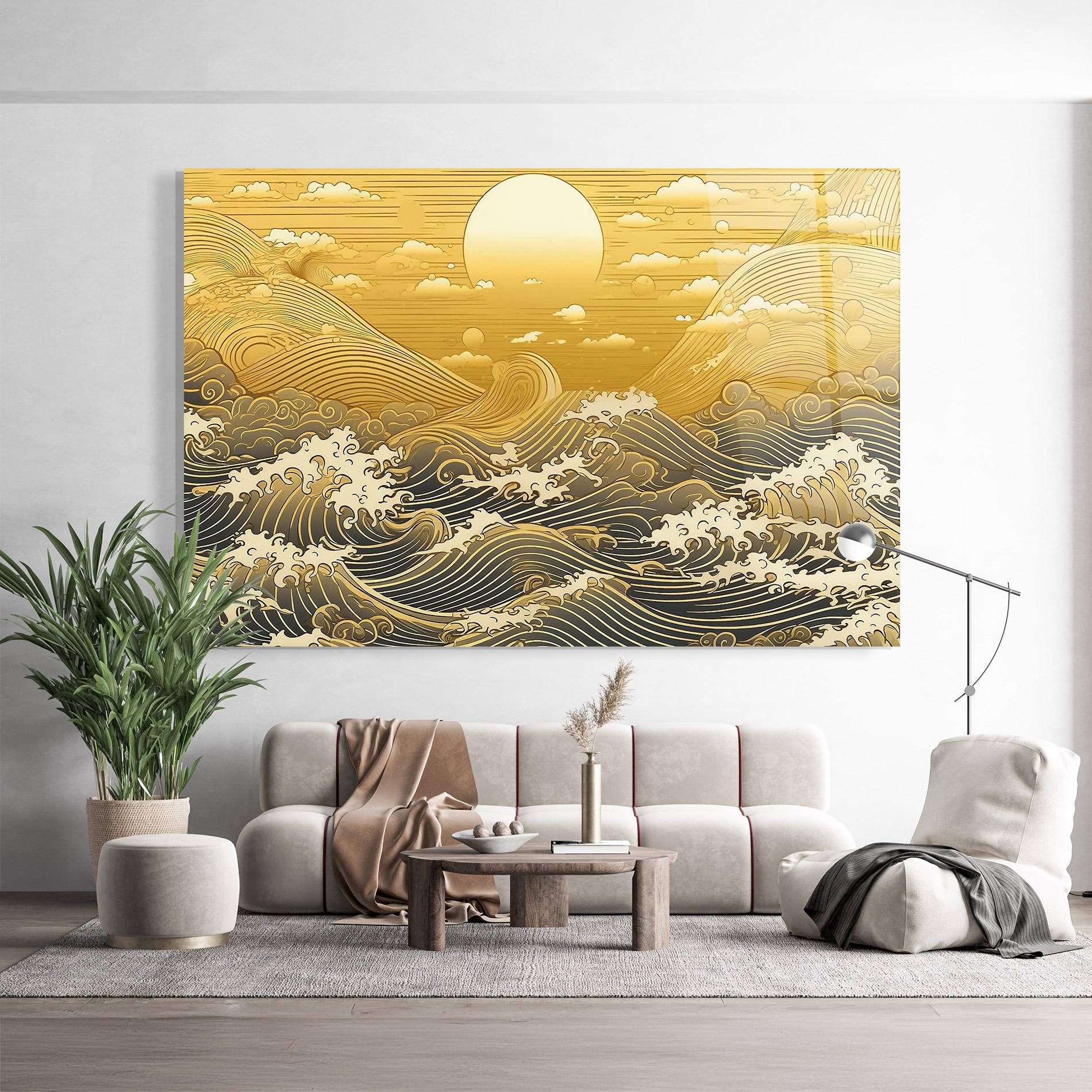 Glasbild Blue Gold Waves mockup 9