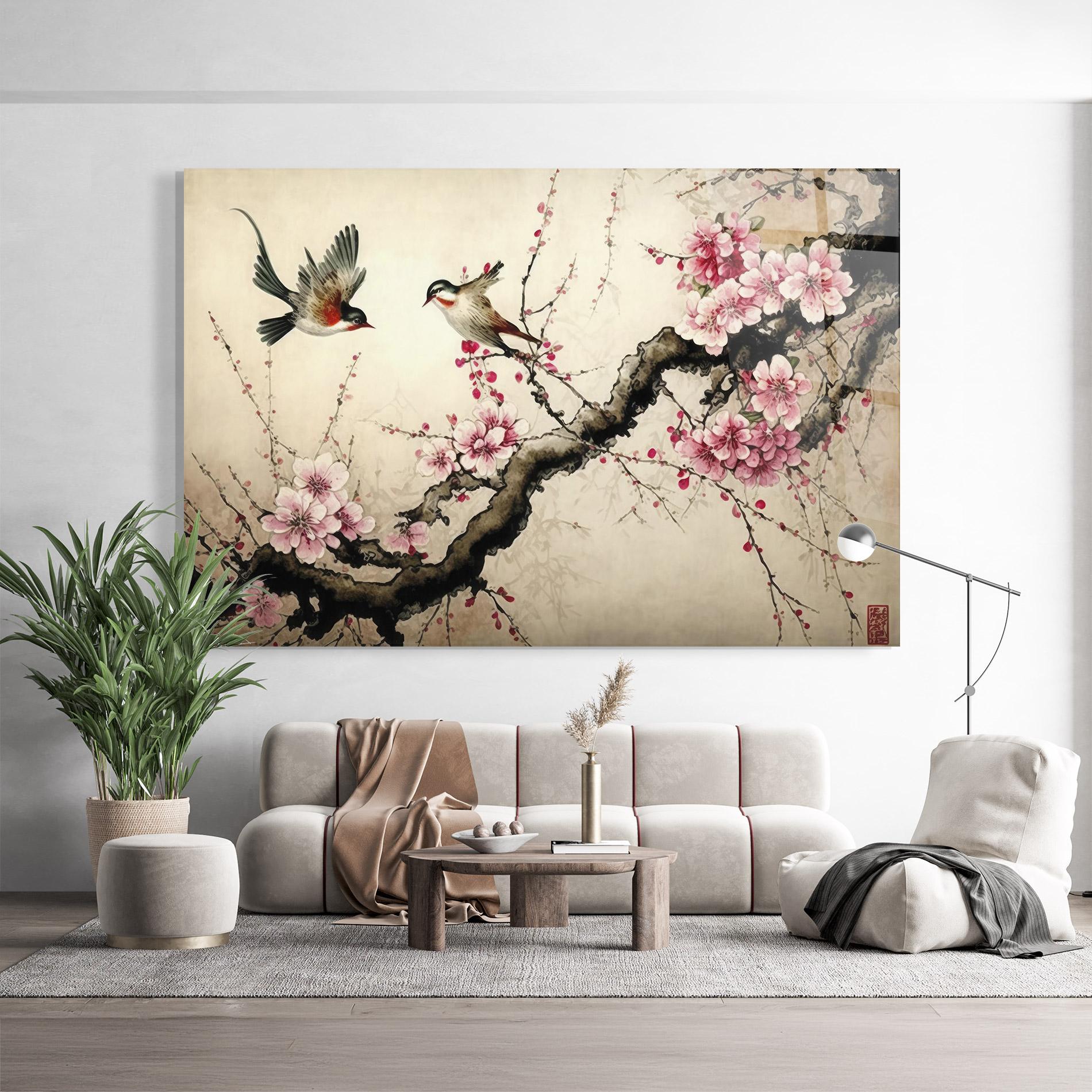 Glasbild Cherry Blossom Birds mockup 9
