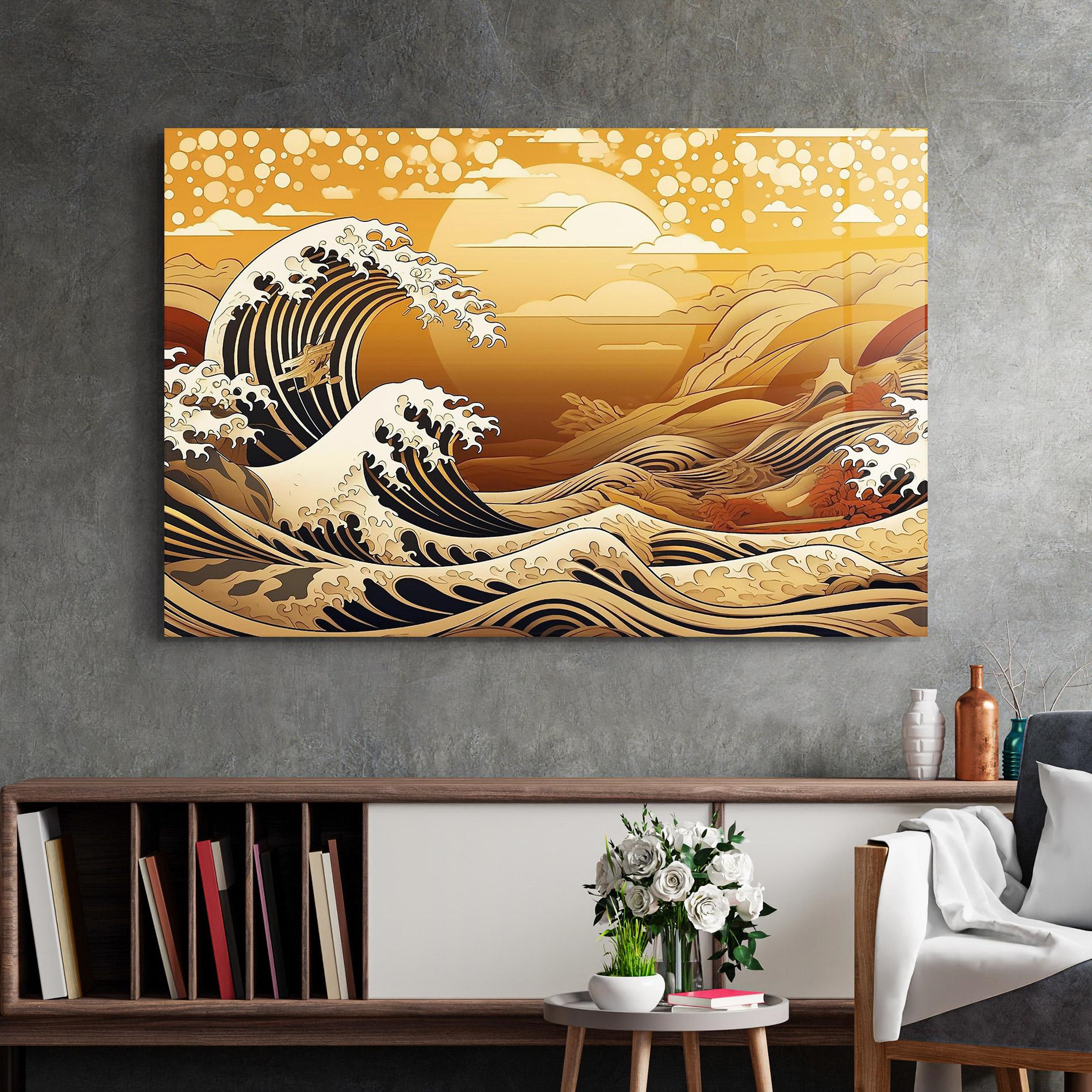 Glasbild Black Yellow Waves mockup 2