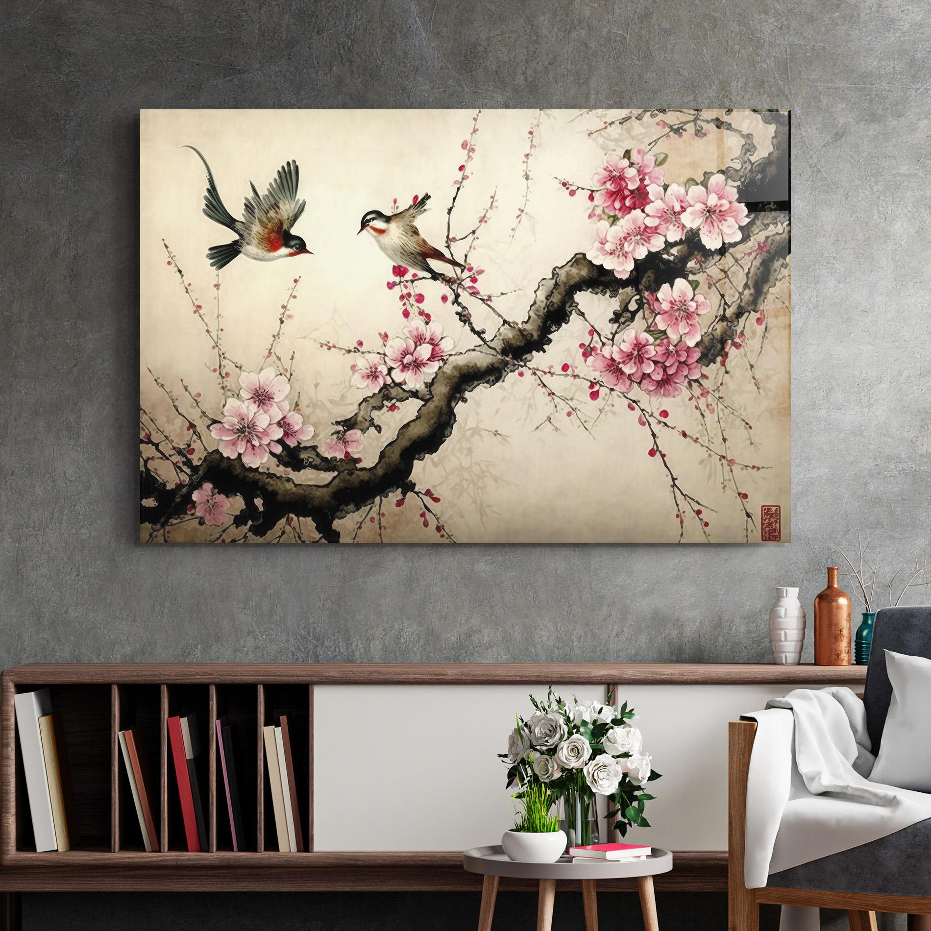 Glasbild Cherry Blossom Birds mockup 2