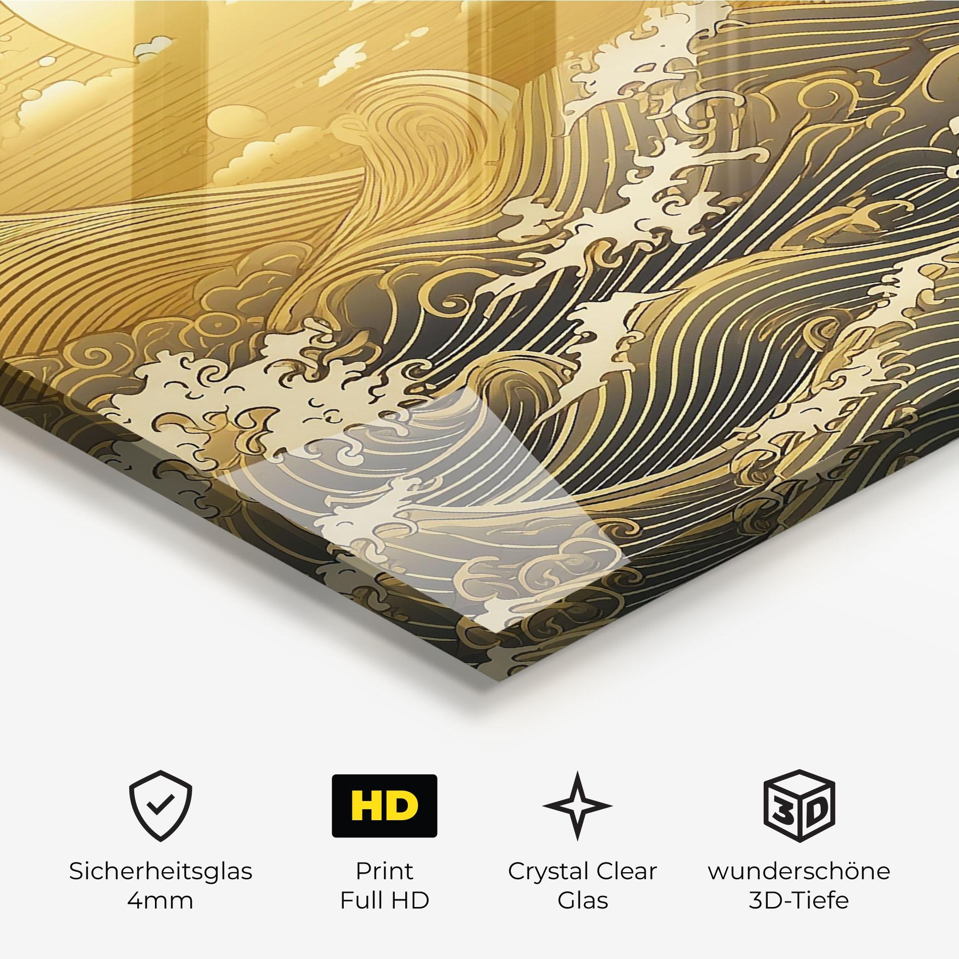Glasbild Blue Gold Waves mockup 3