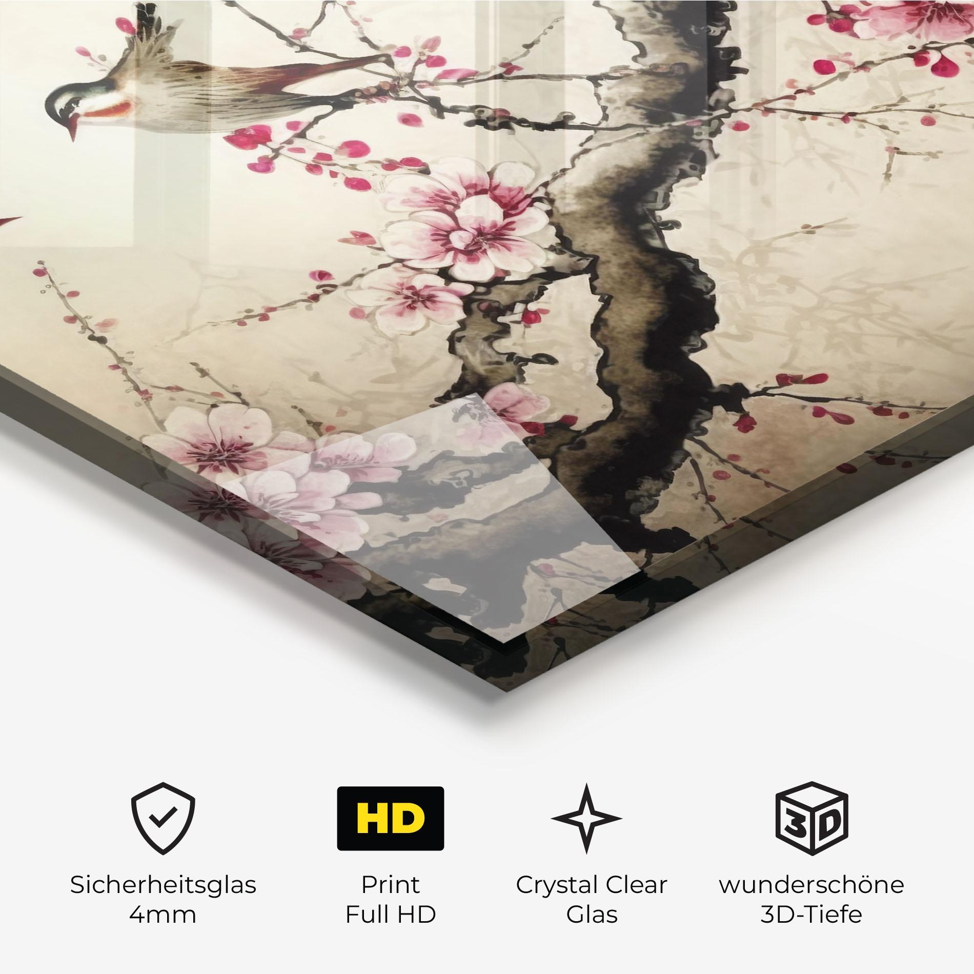 Glasbild Cherry Blossom Birds mockup 3