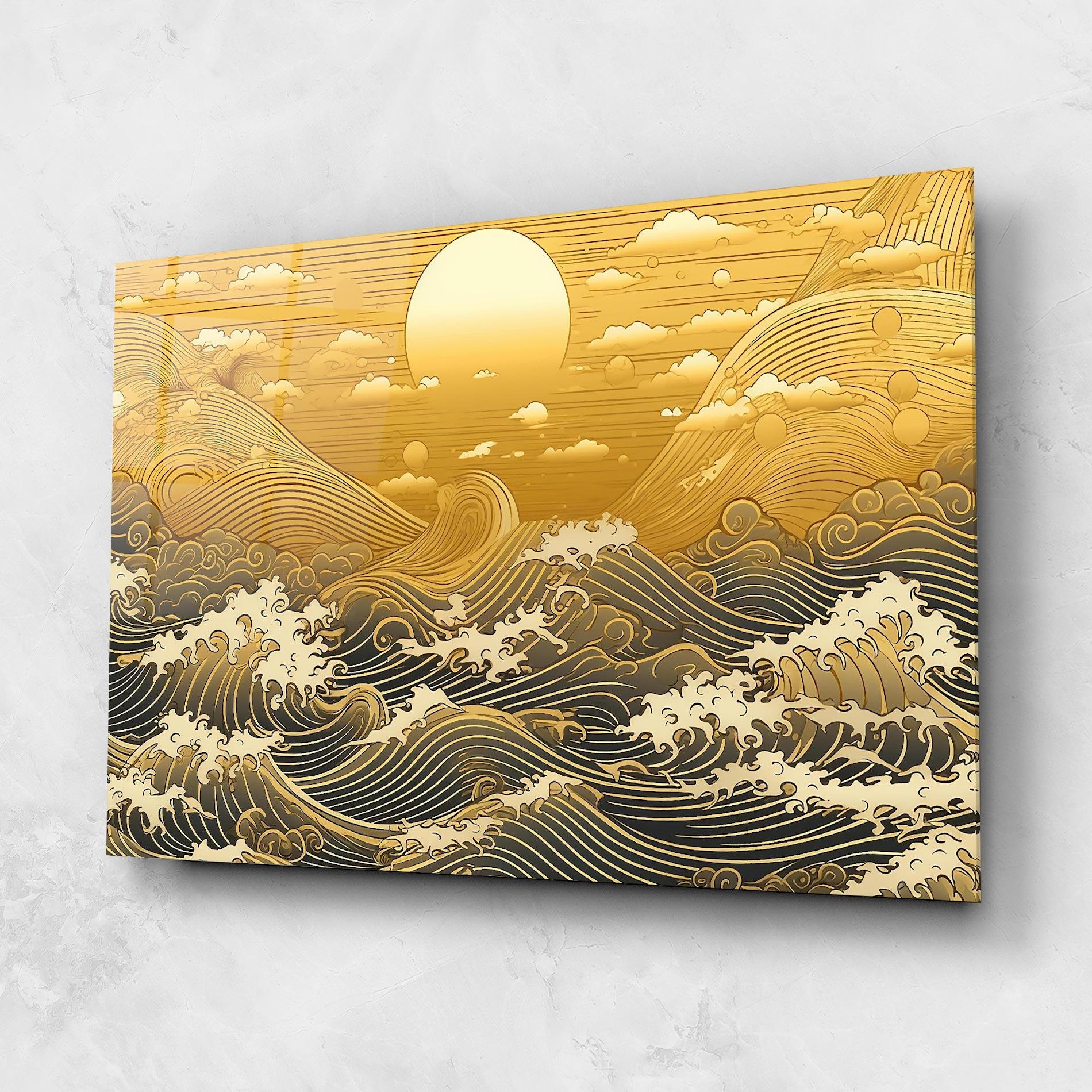 Glasbild Blue Gold Waves mockup 1