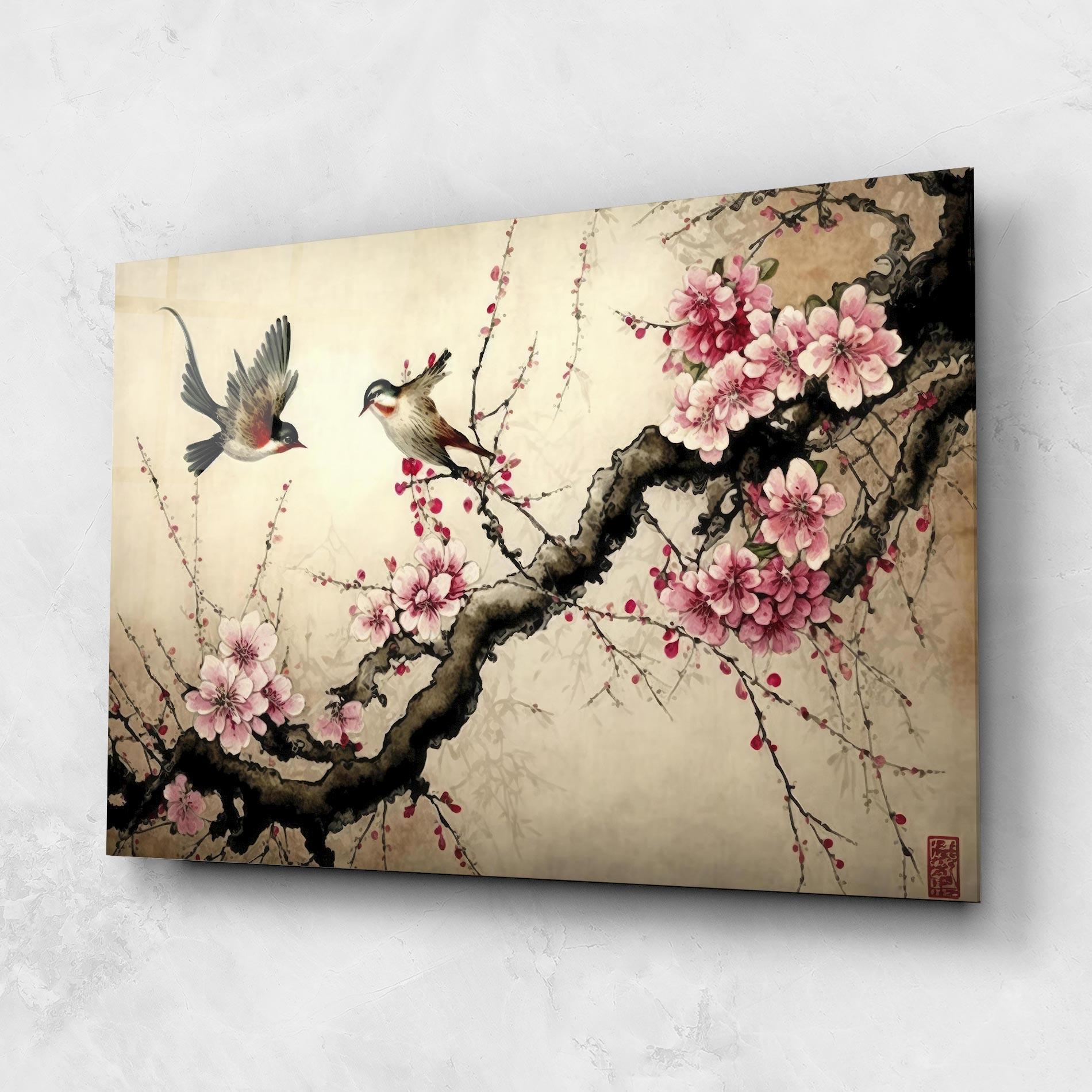 Glasbild Cherry Blossom Birds mockup 1