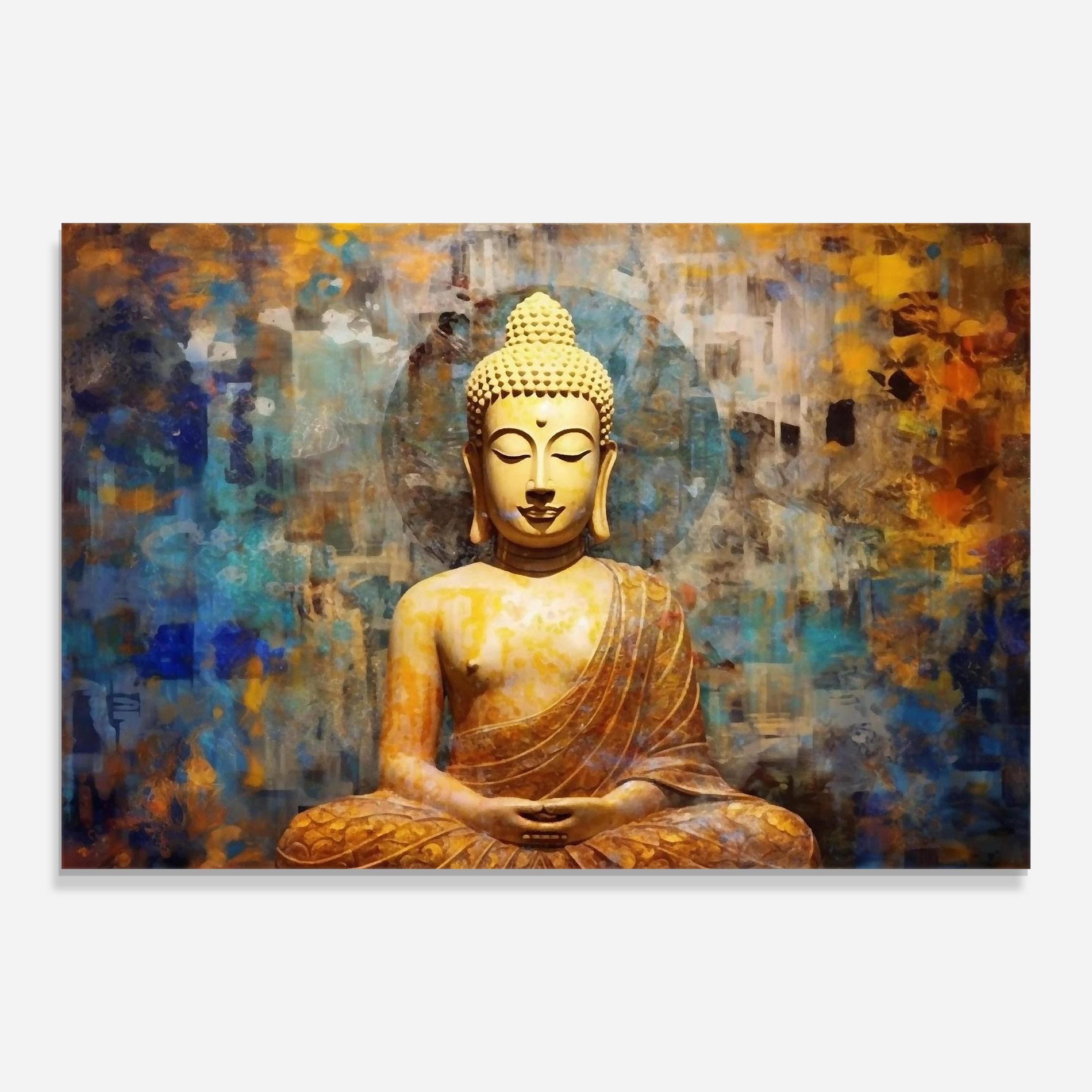 Glasbild Buddha Blue Gold mockup 0