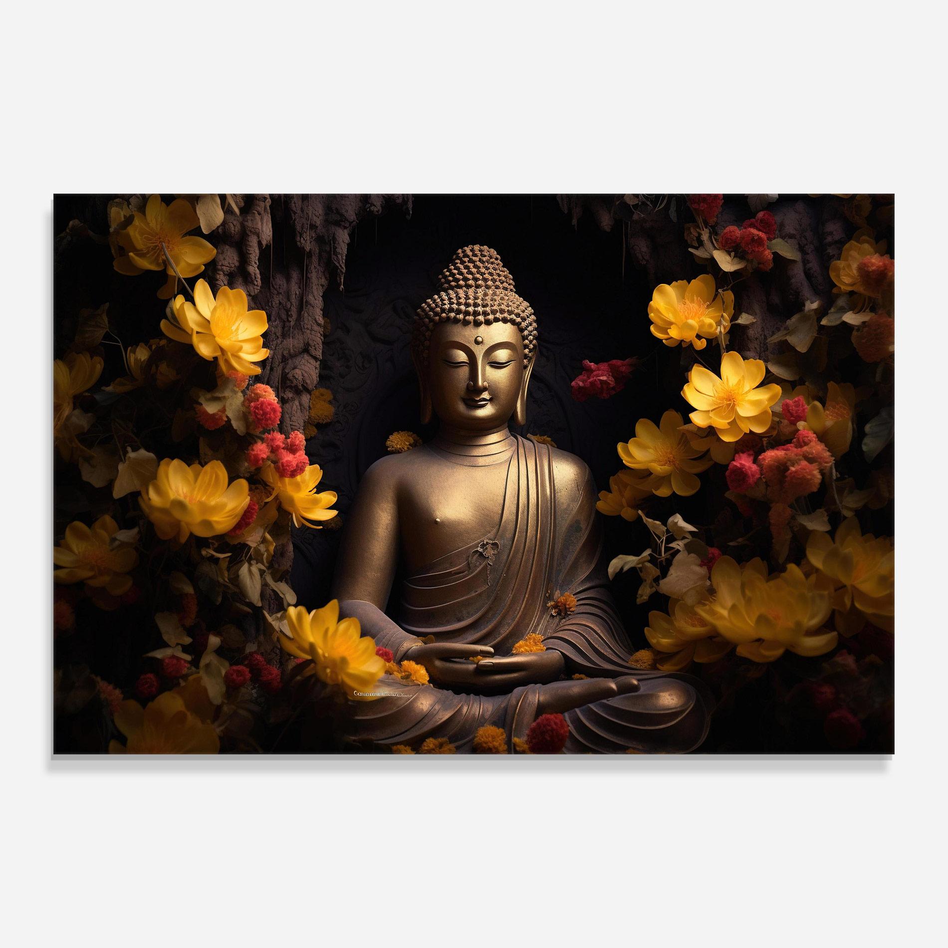 Glasbild Buddha Yellow Red mockup 0