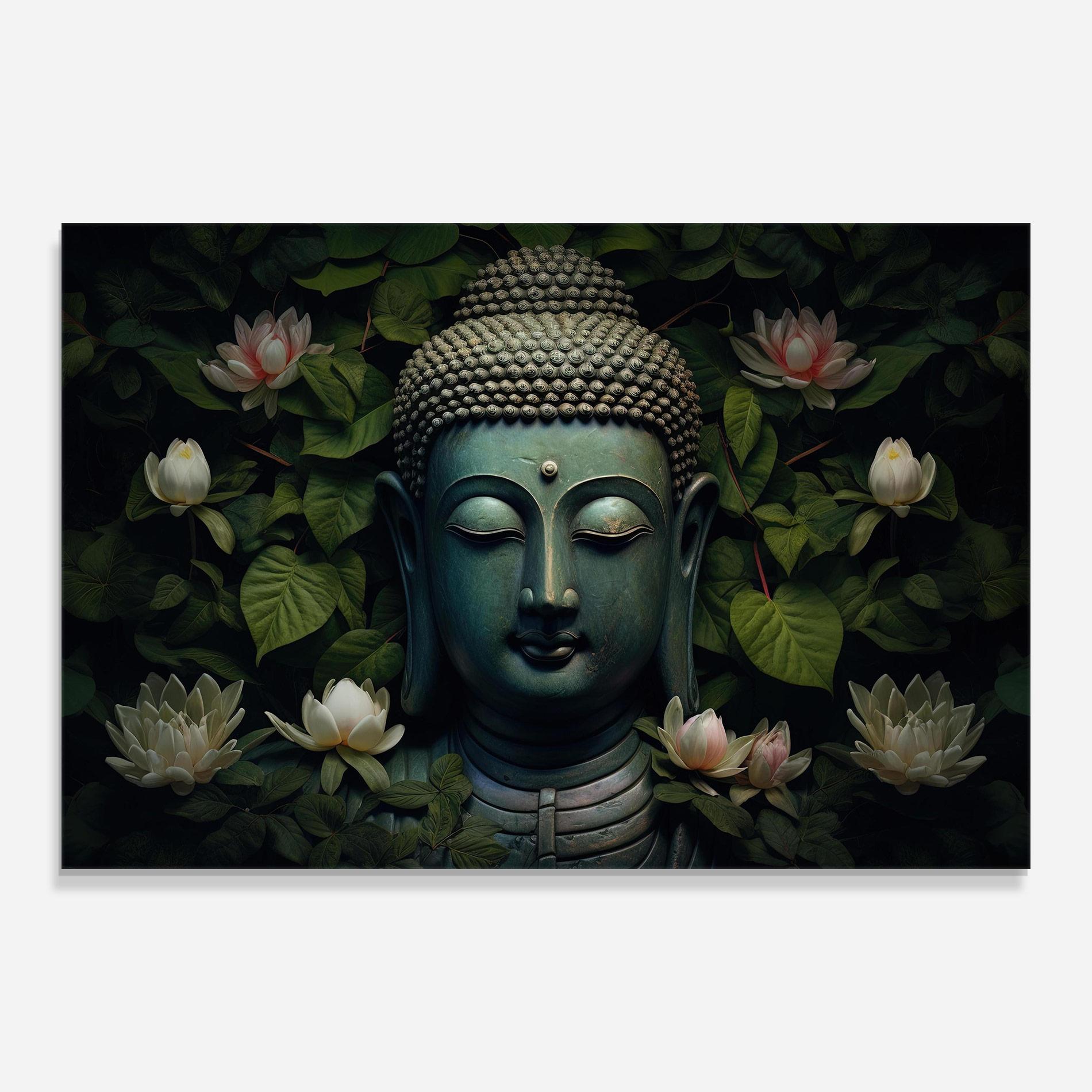Glasbild Green Statue Buddha mockup 0