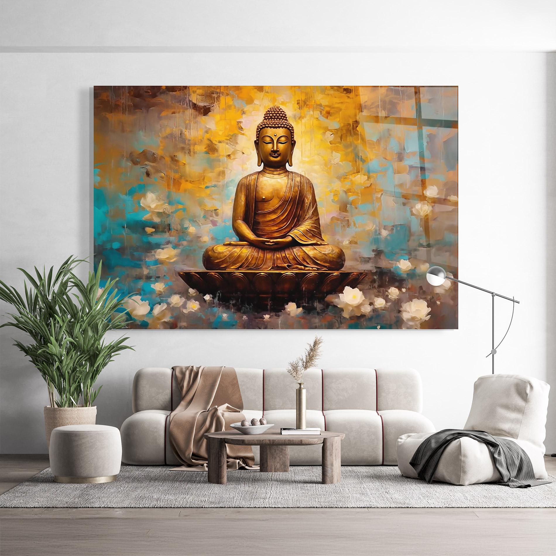 Glasbild Blue Gold Buddha mockup 9