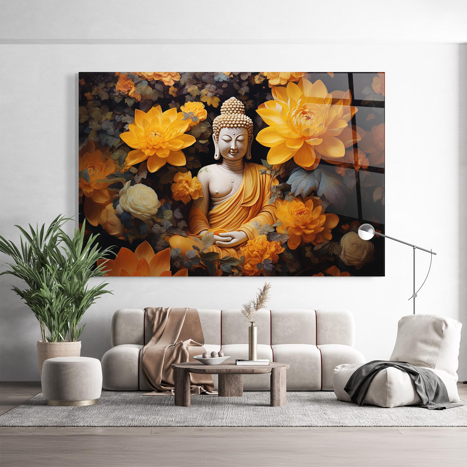 Glasbild Buddha Big Flowers mockup 9