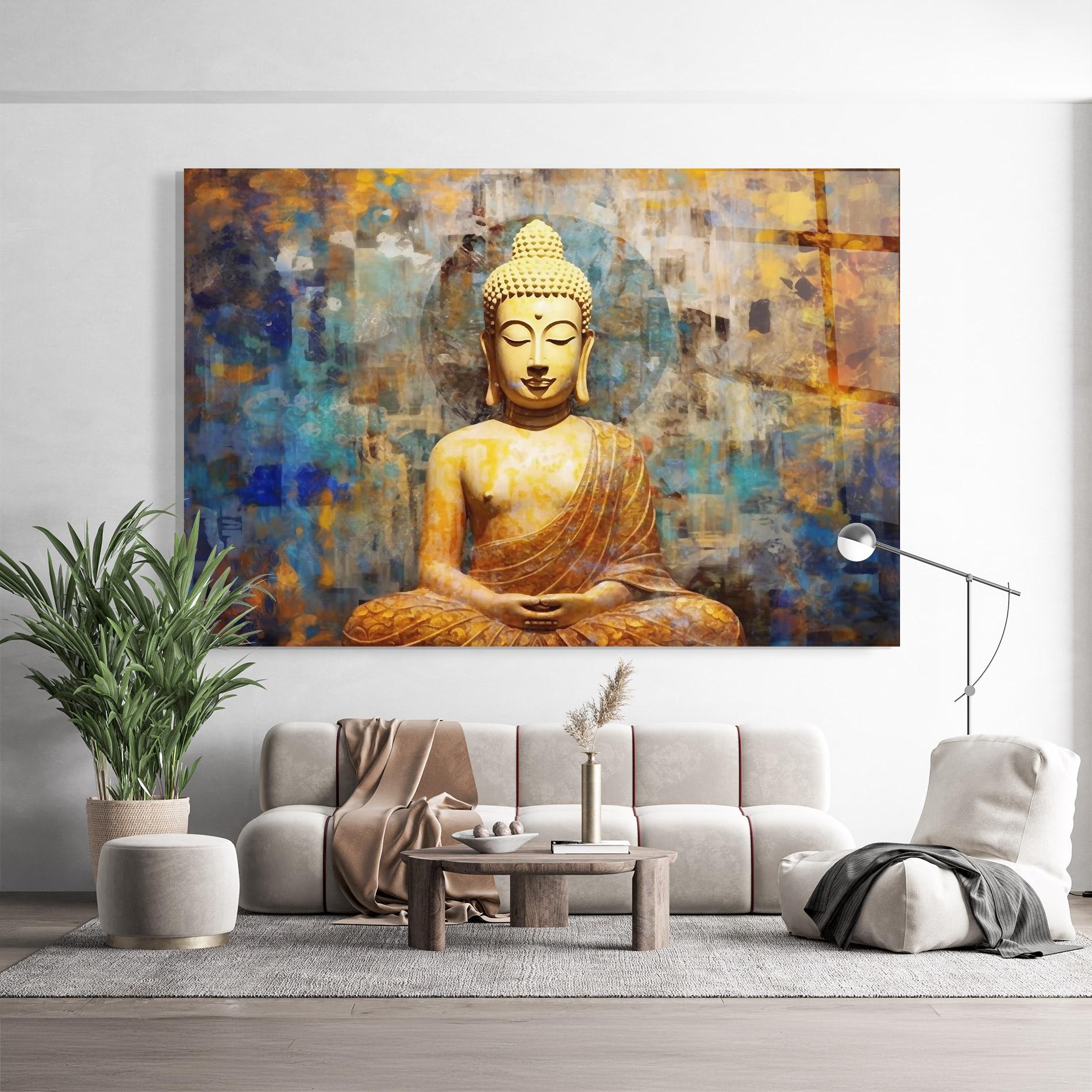 Glasbild Buddha Blue Gold mockup 9
