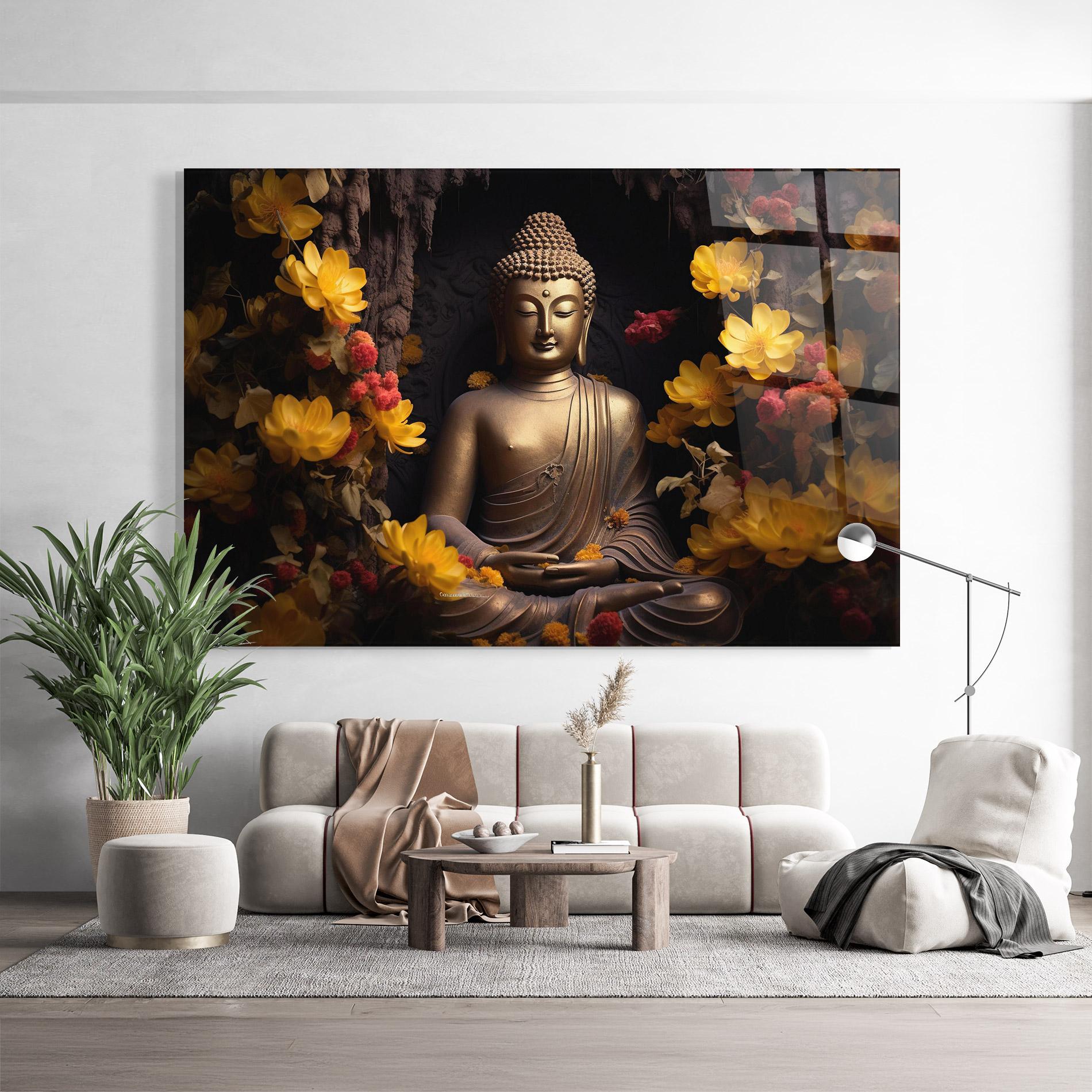Glasbild Buddha Yellow Red mockup 9