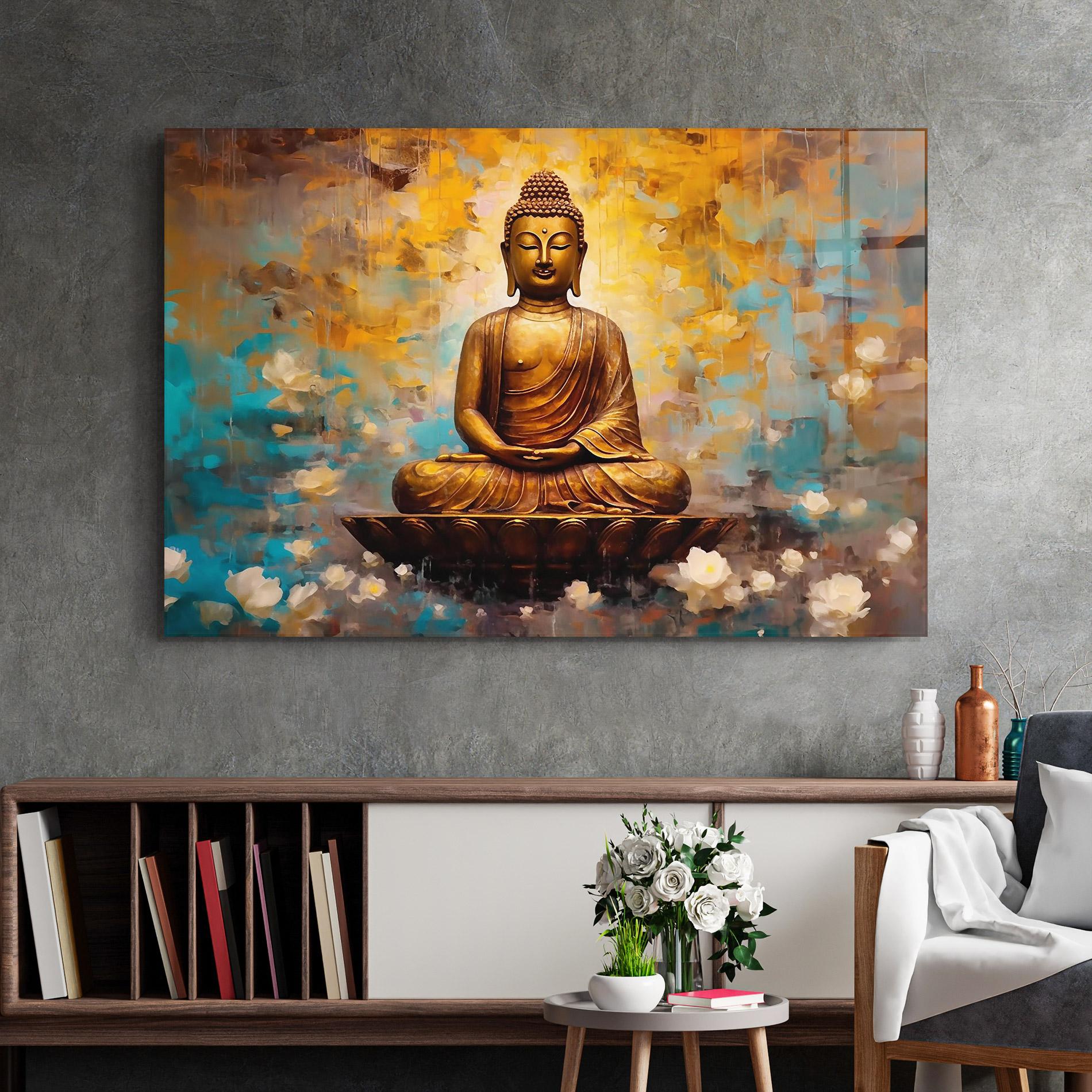Glasbild Blue Gold Buddha mockup 2