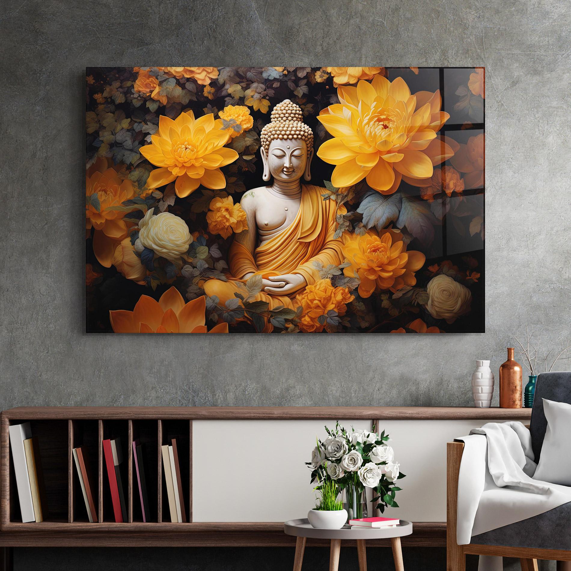 Glasbild Buddha Big Flowers mockup 2