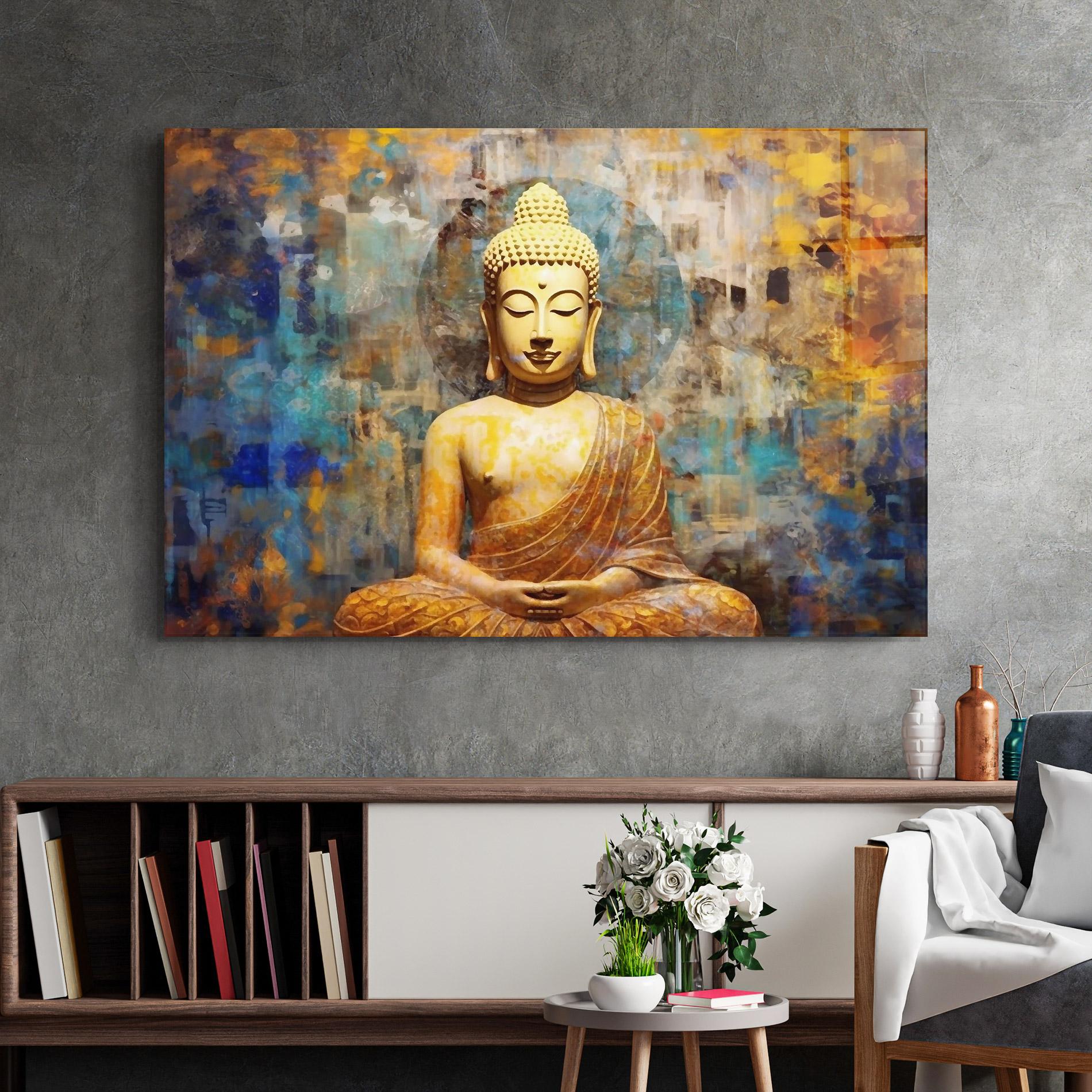 Glasbild Buddha Blue Gold mockup 2