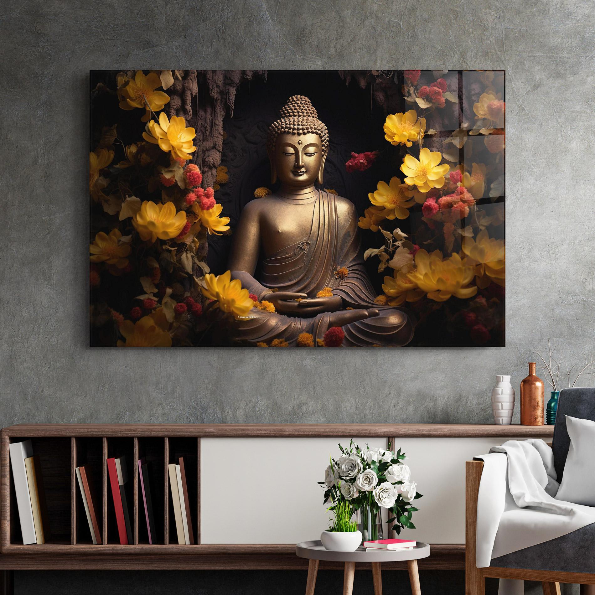 Glasbild Buddha Yellow Red mockup 2