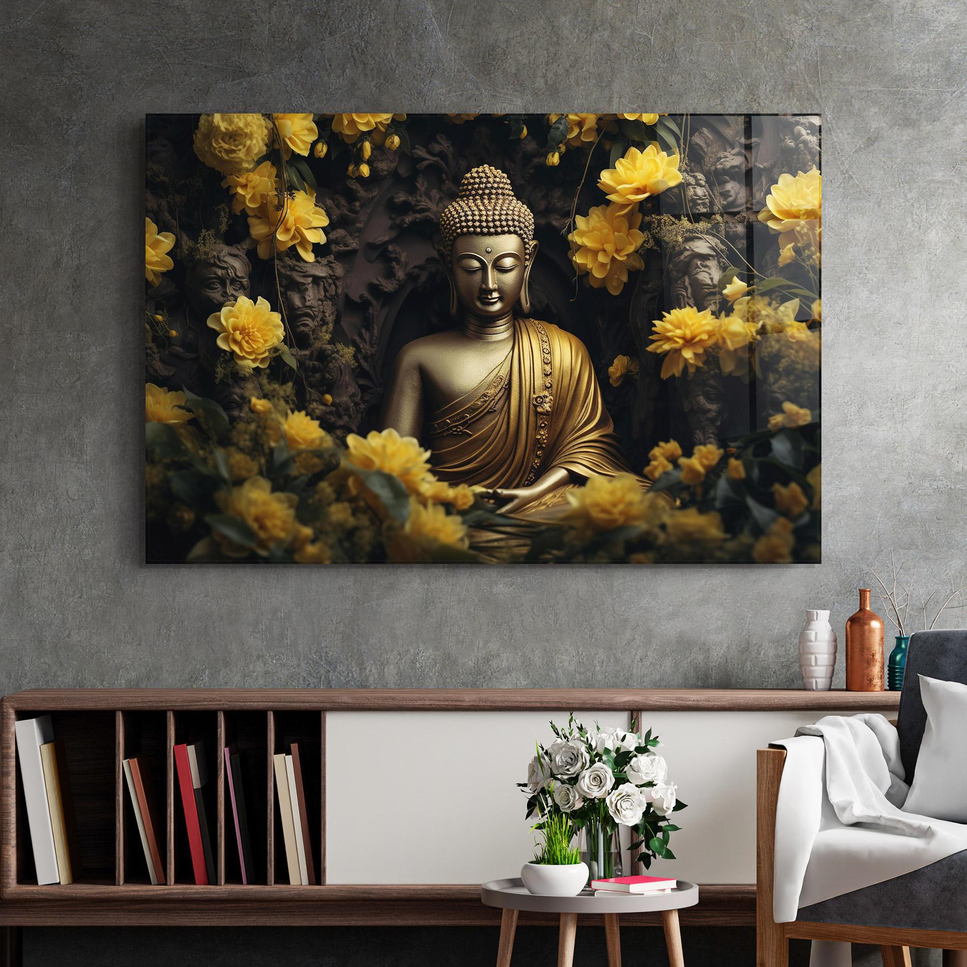 Glasbild Gold Buddha Flowers mockup 2