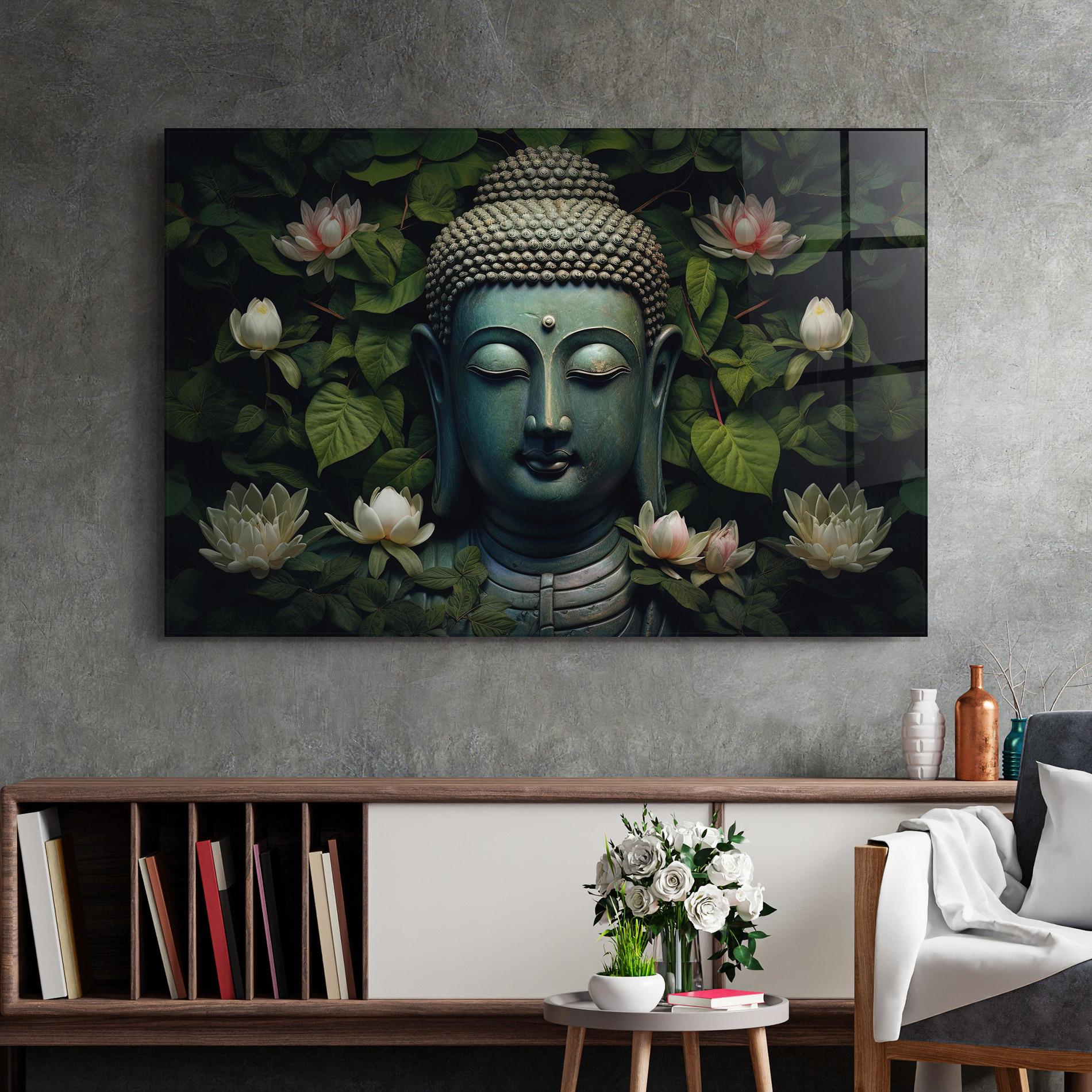 Glasbild Green Statue Buddha mockup 2