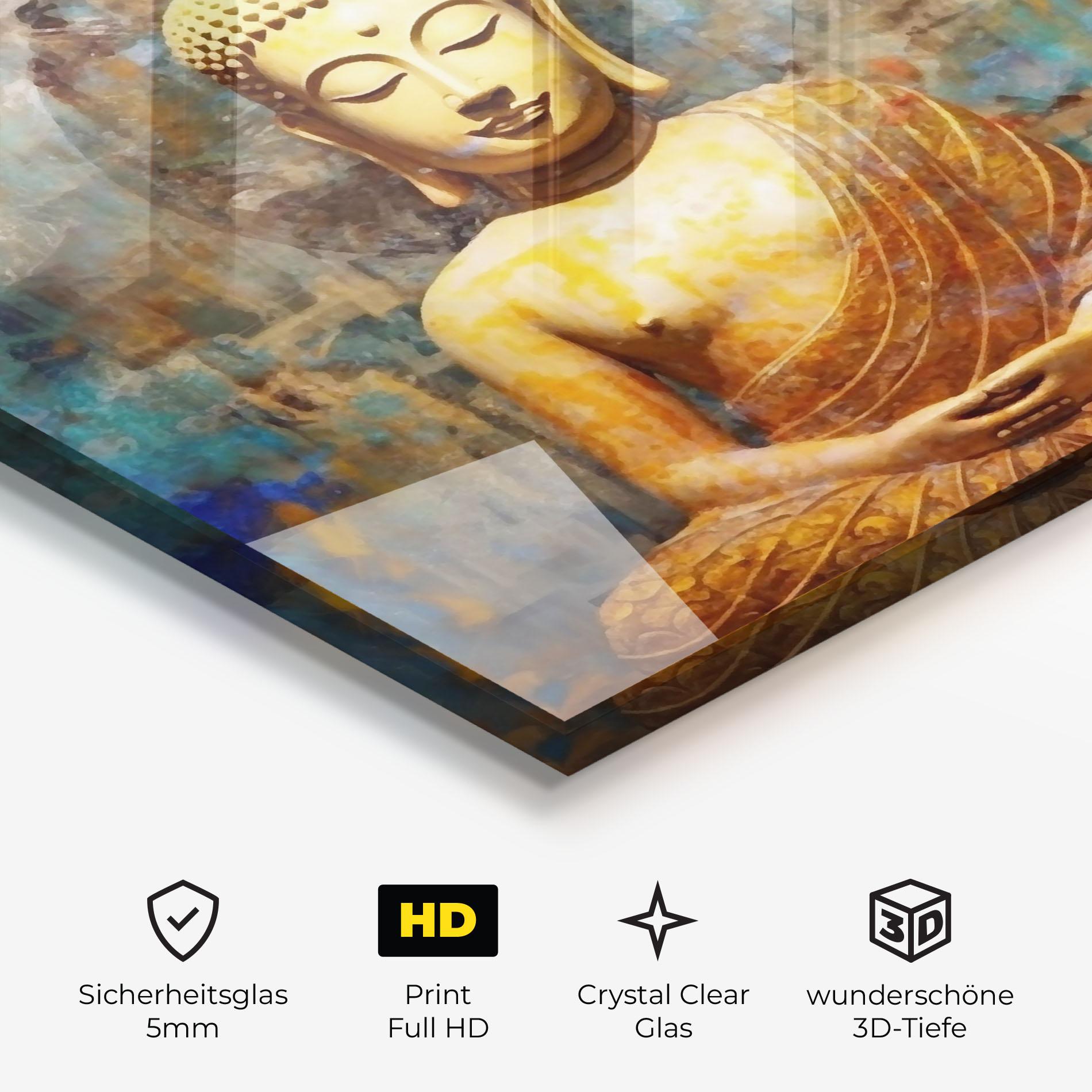 Glasbild Buddha Blue Gold mockup 3