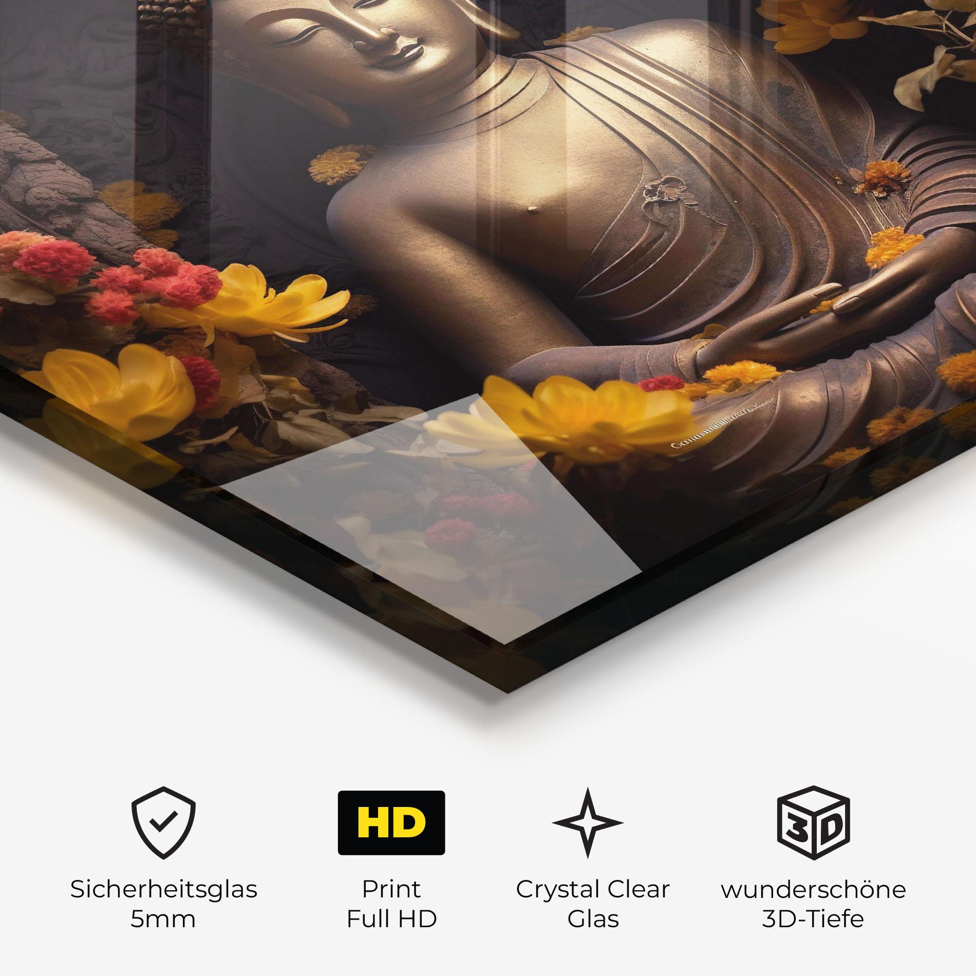 Glasbild Buddha Yellow Red mockup 3
