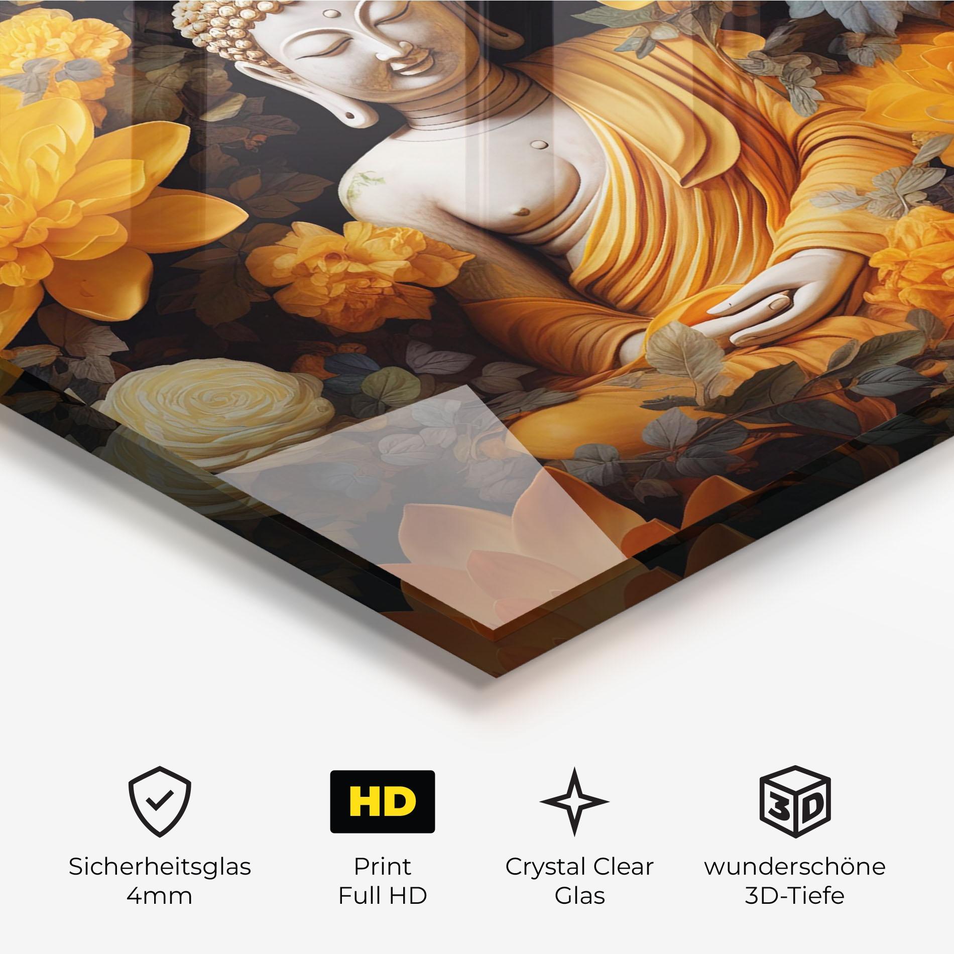 Glasbild Buddha Big Flowers mockup 3
