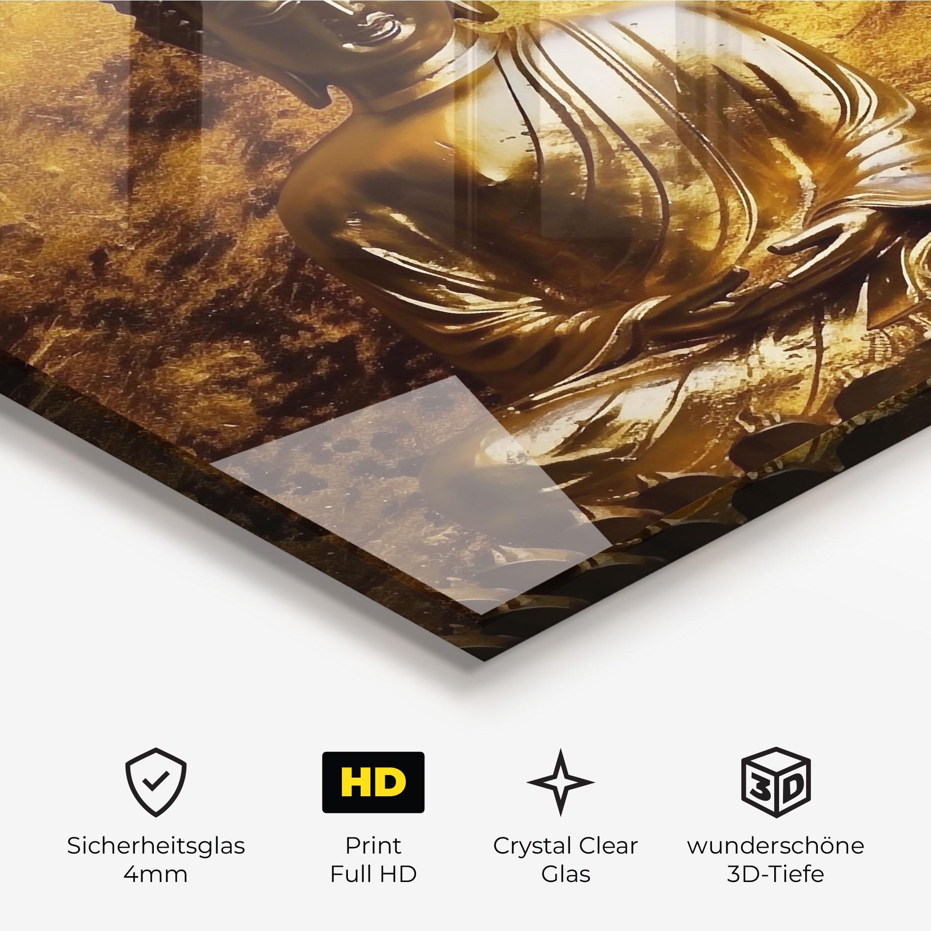 Glasbild Statue Gold Buddha mockup 3