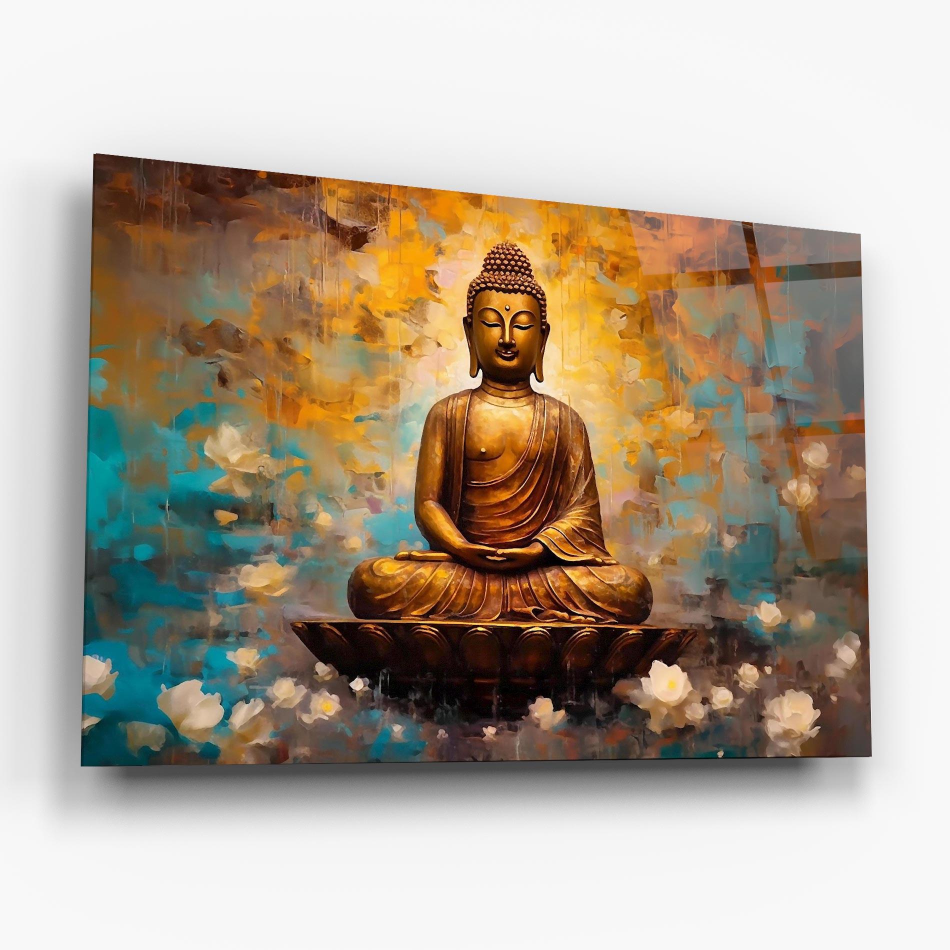 Glasbild Blue Gold Buddha mockup 6