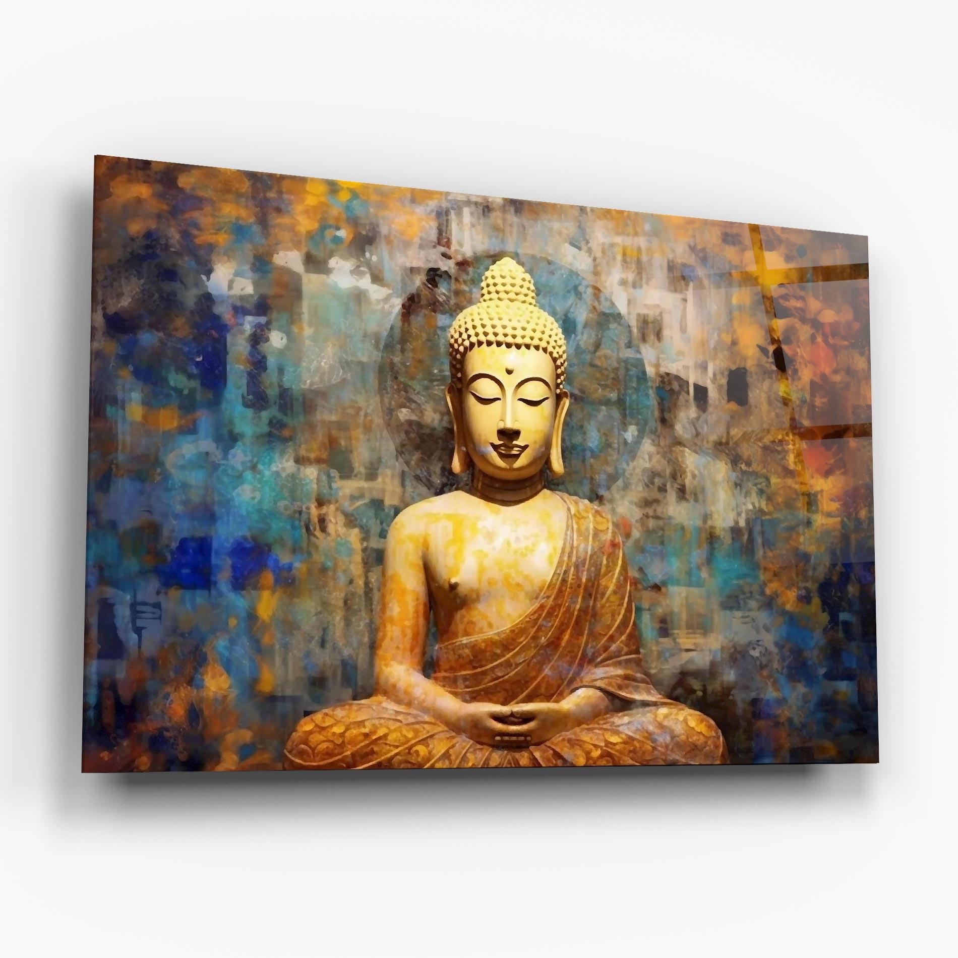 Glasbild Buddha Blue Gold mockup 6