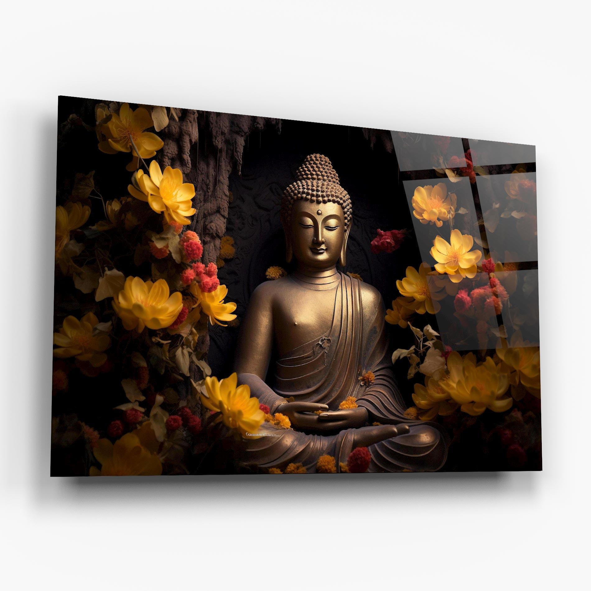 Glasbild Buddha Yellow Red mockup 6