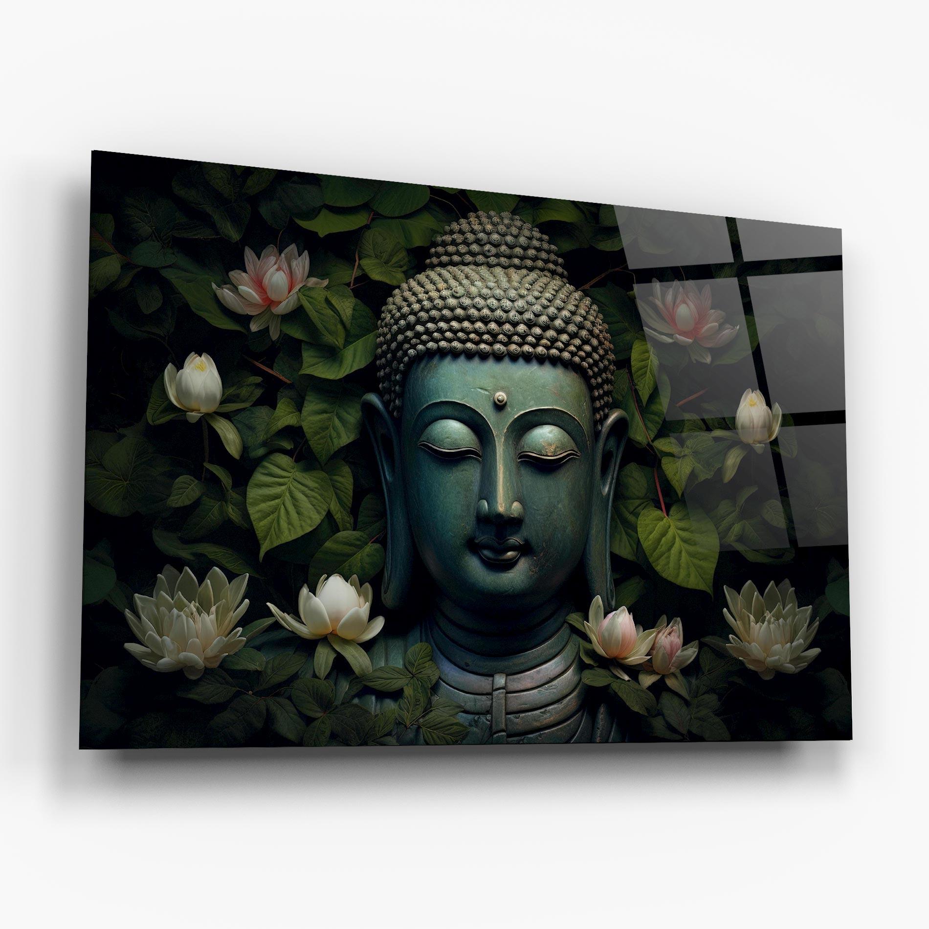 Glasbild Green Statue Buddha mockup 6