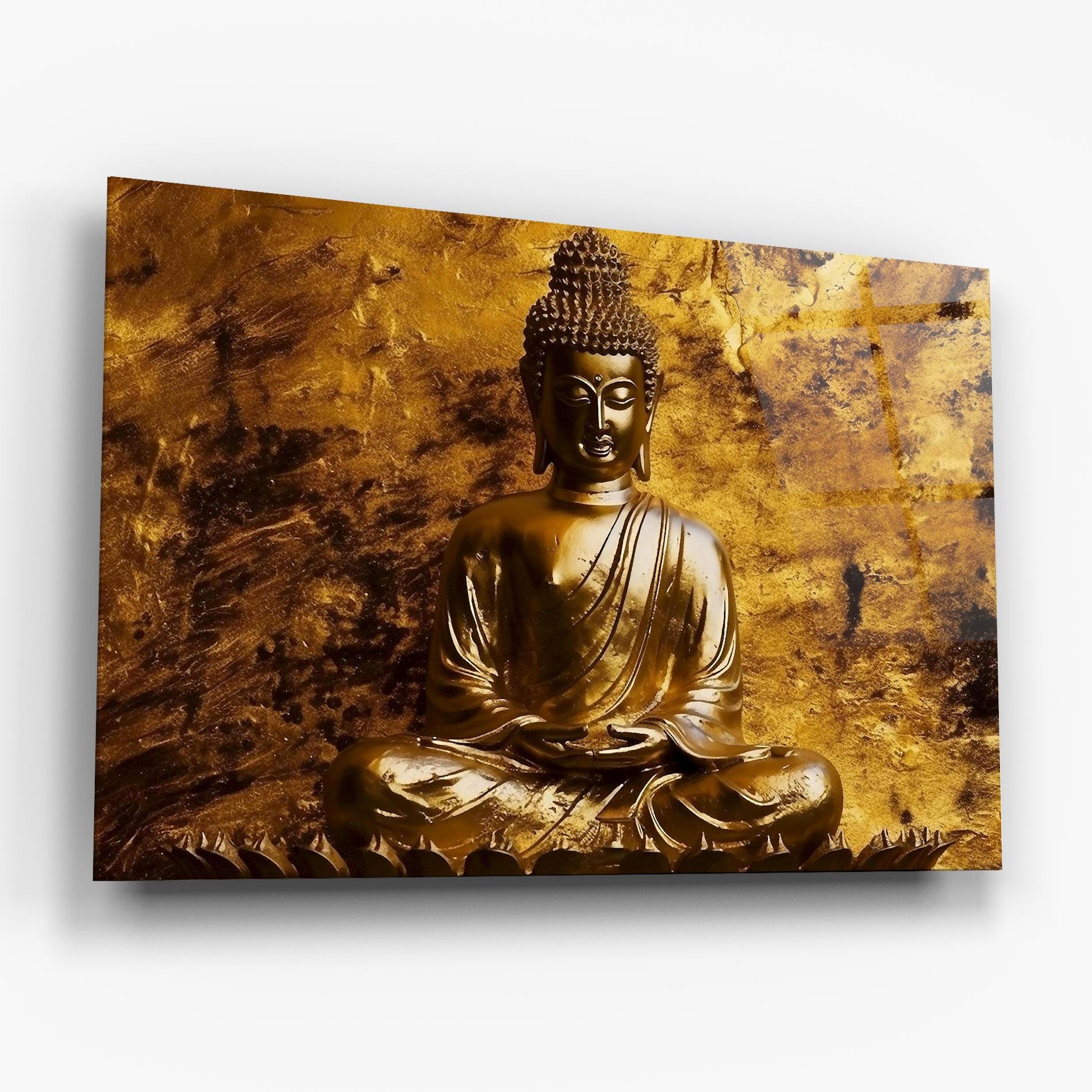 Glasbild Statue Gold Buddha mockup 6