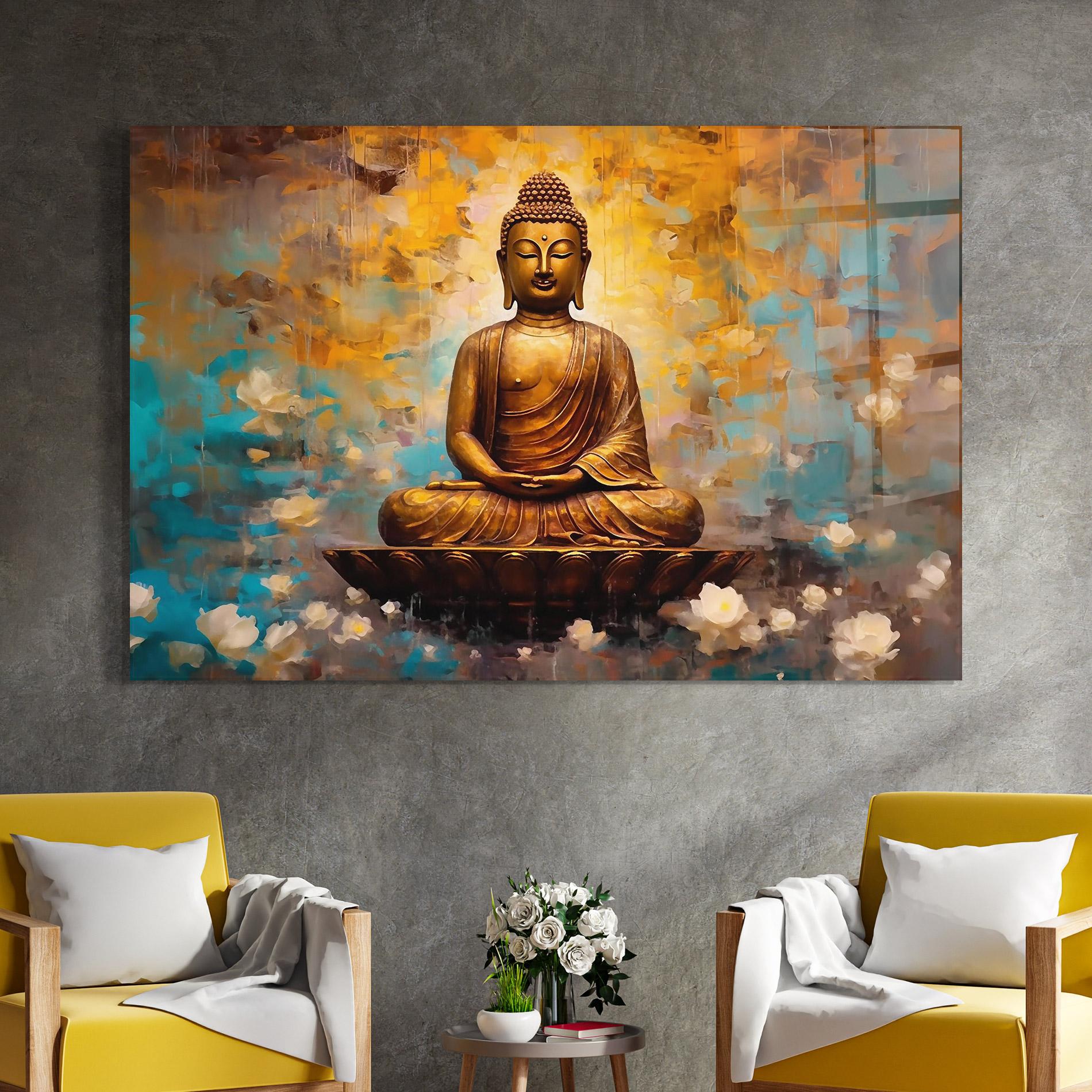 Glasbild Blue Gold Buddha mockup 4
