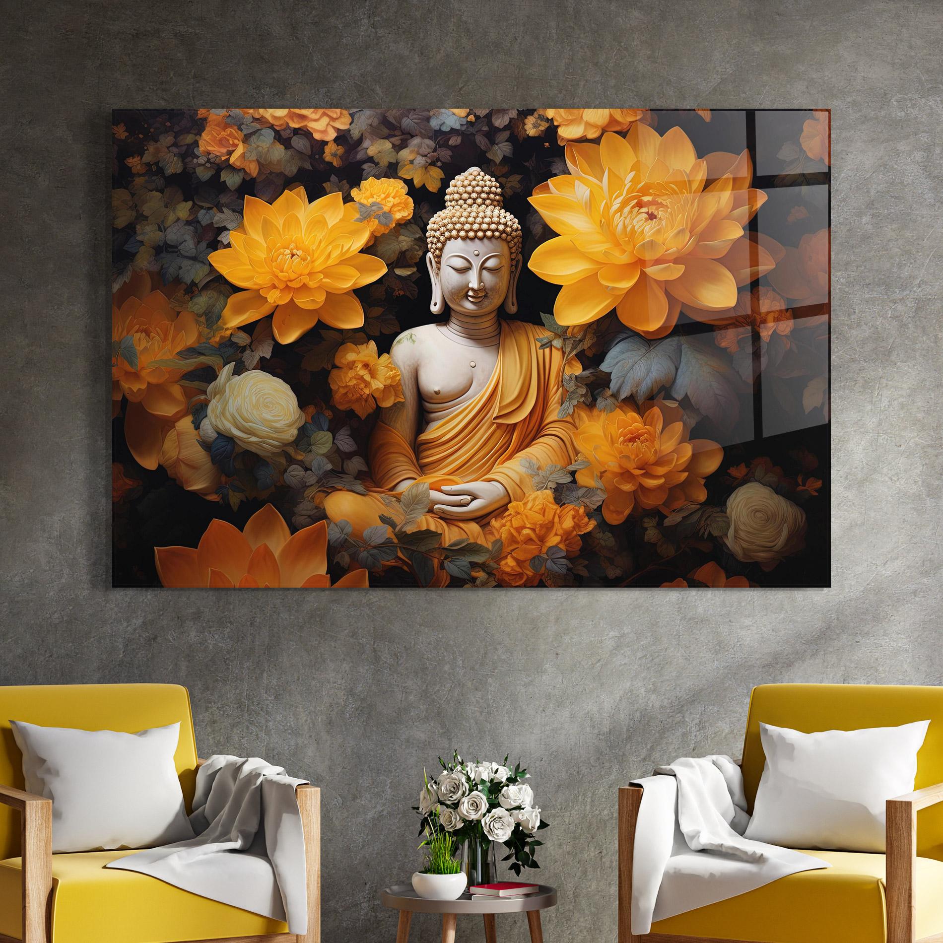 Glasbild Buddha Big Flowers mockup 4