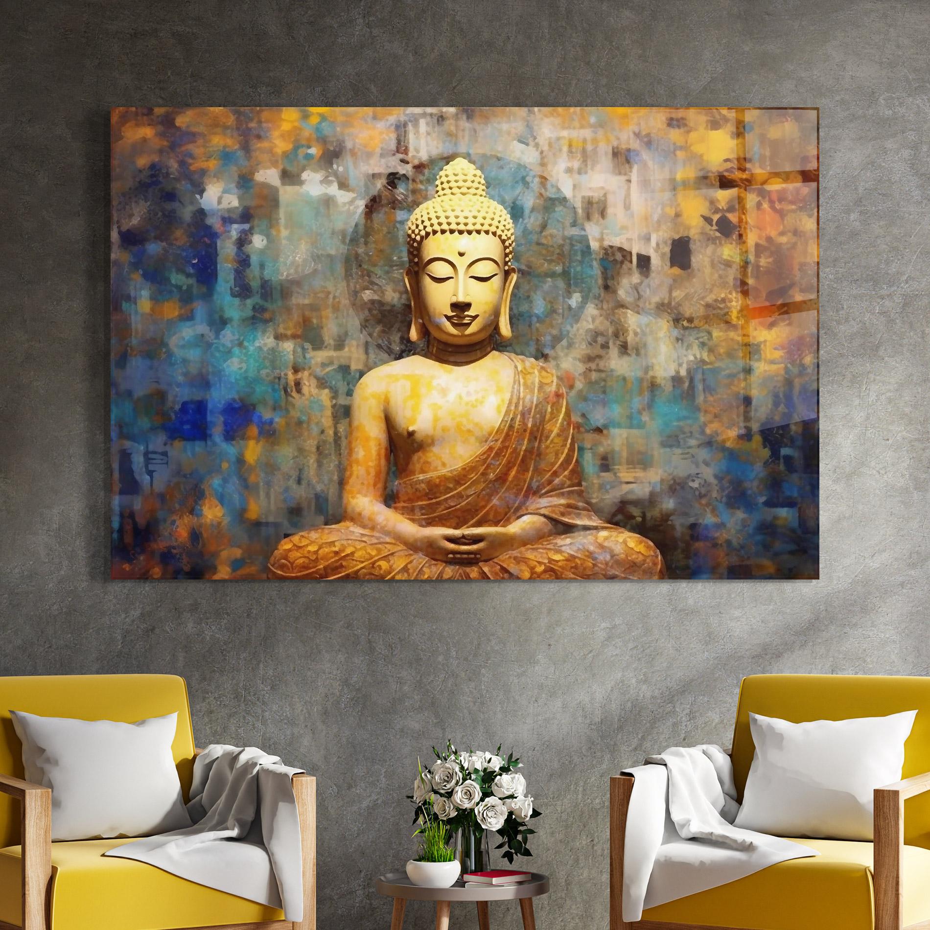 Glasbild Buddha Blue Gold mockup 4