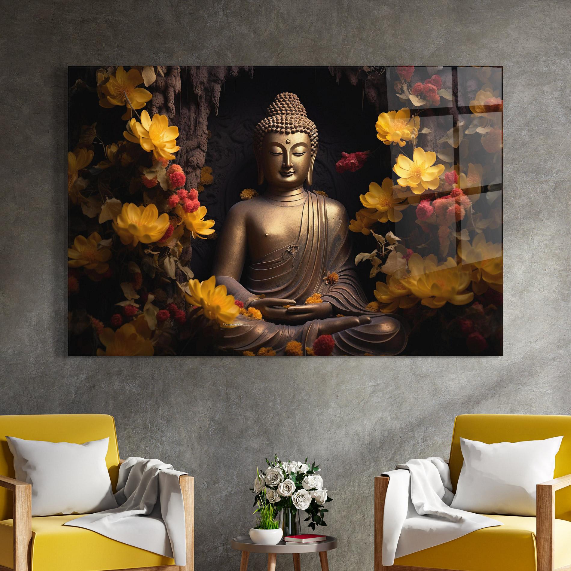 Glasbild Buddha Yellow Red mockup 4