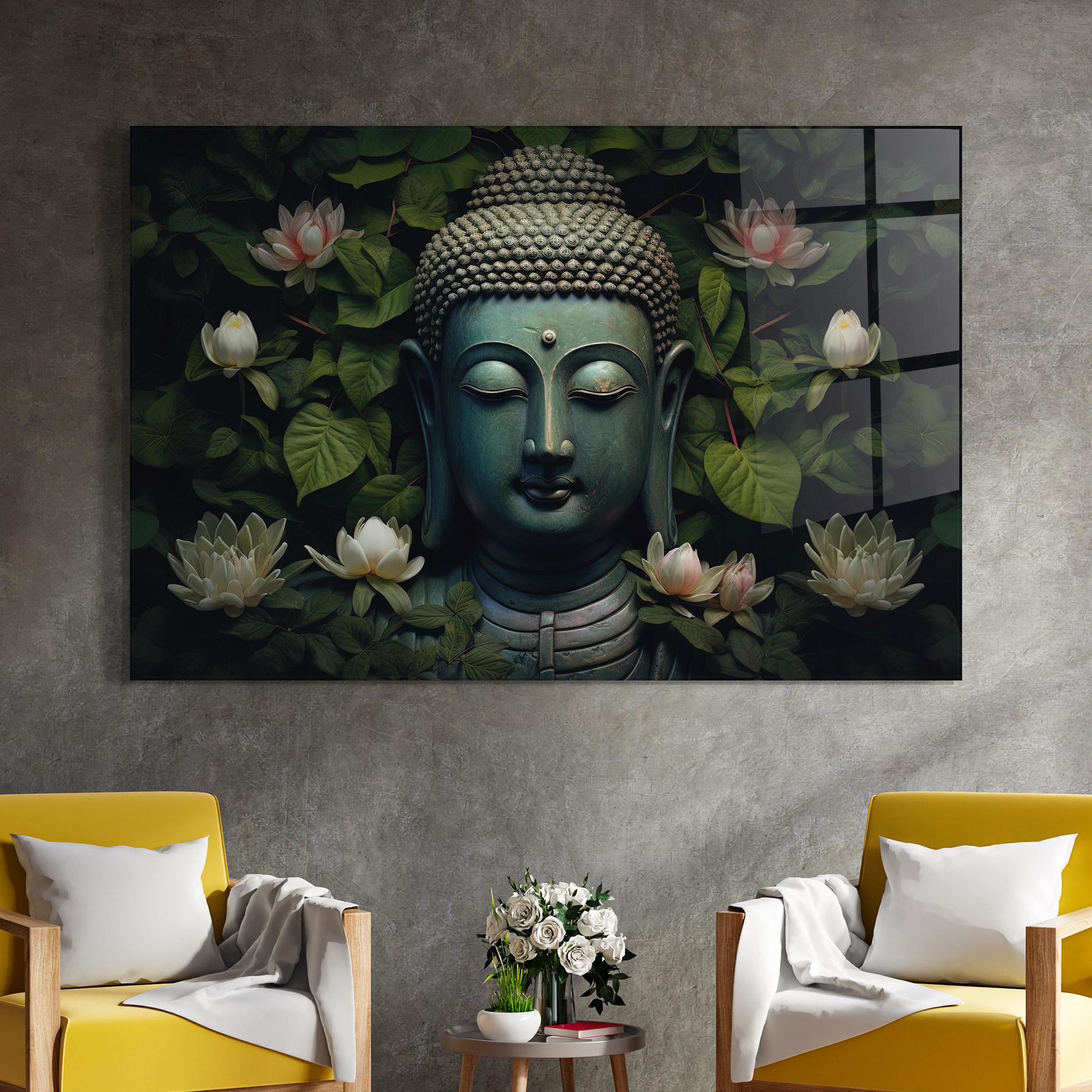 Glasbild Green Statue Buddha mockup 4