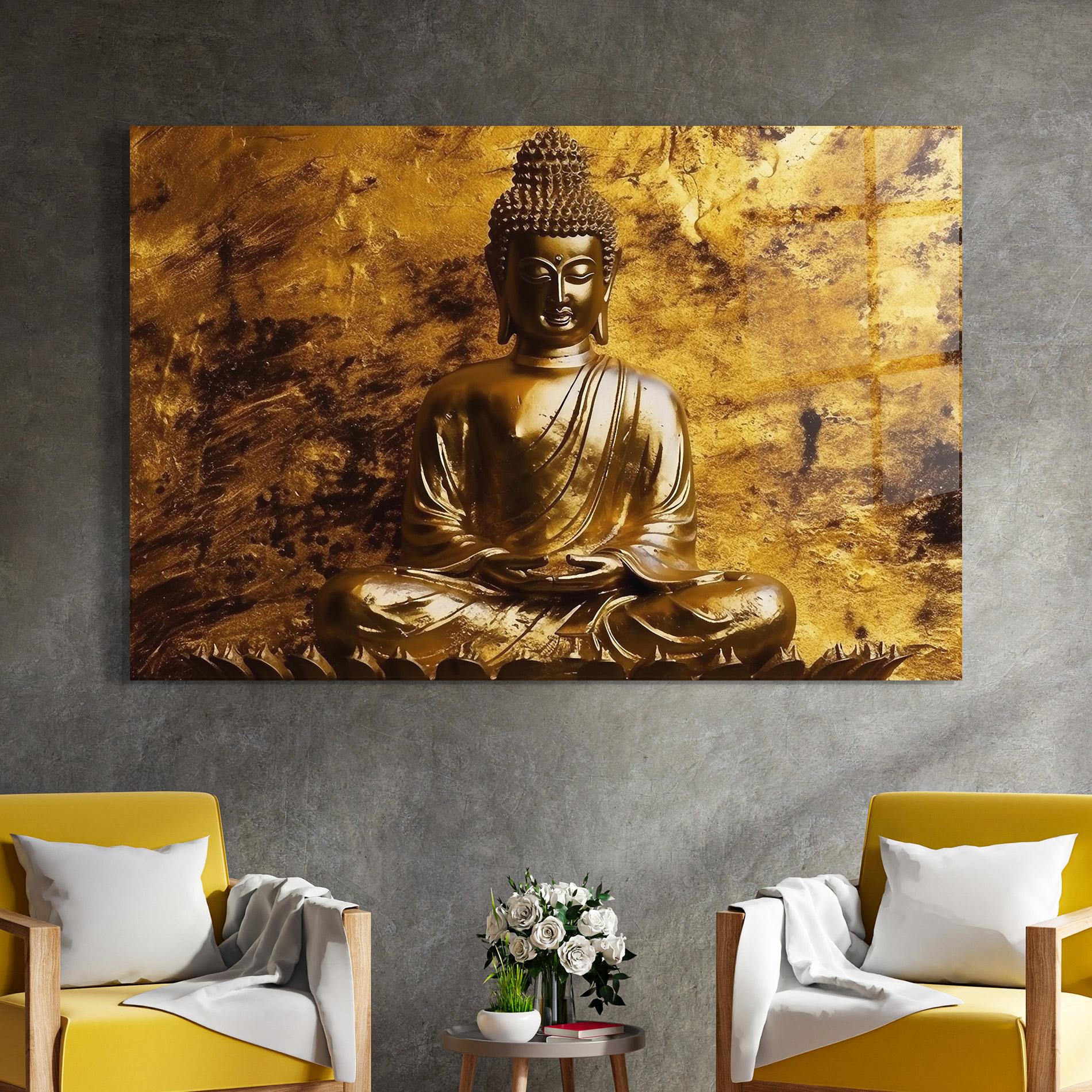 Glasbild Statue Gold Buddha mockup 4